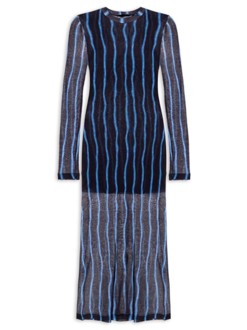 Vestido Malha Manga Longa Franzido Listra - Preto