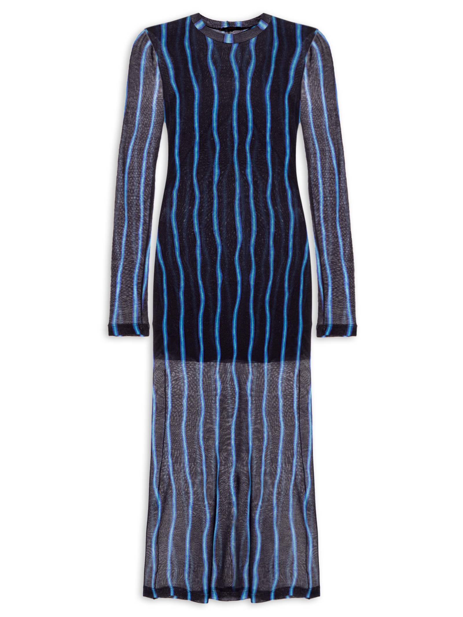 Vestido Malha Manga Longa Franzido Listrado Preto Animale