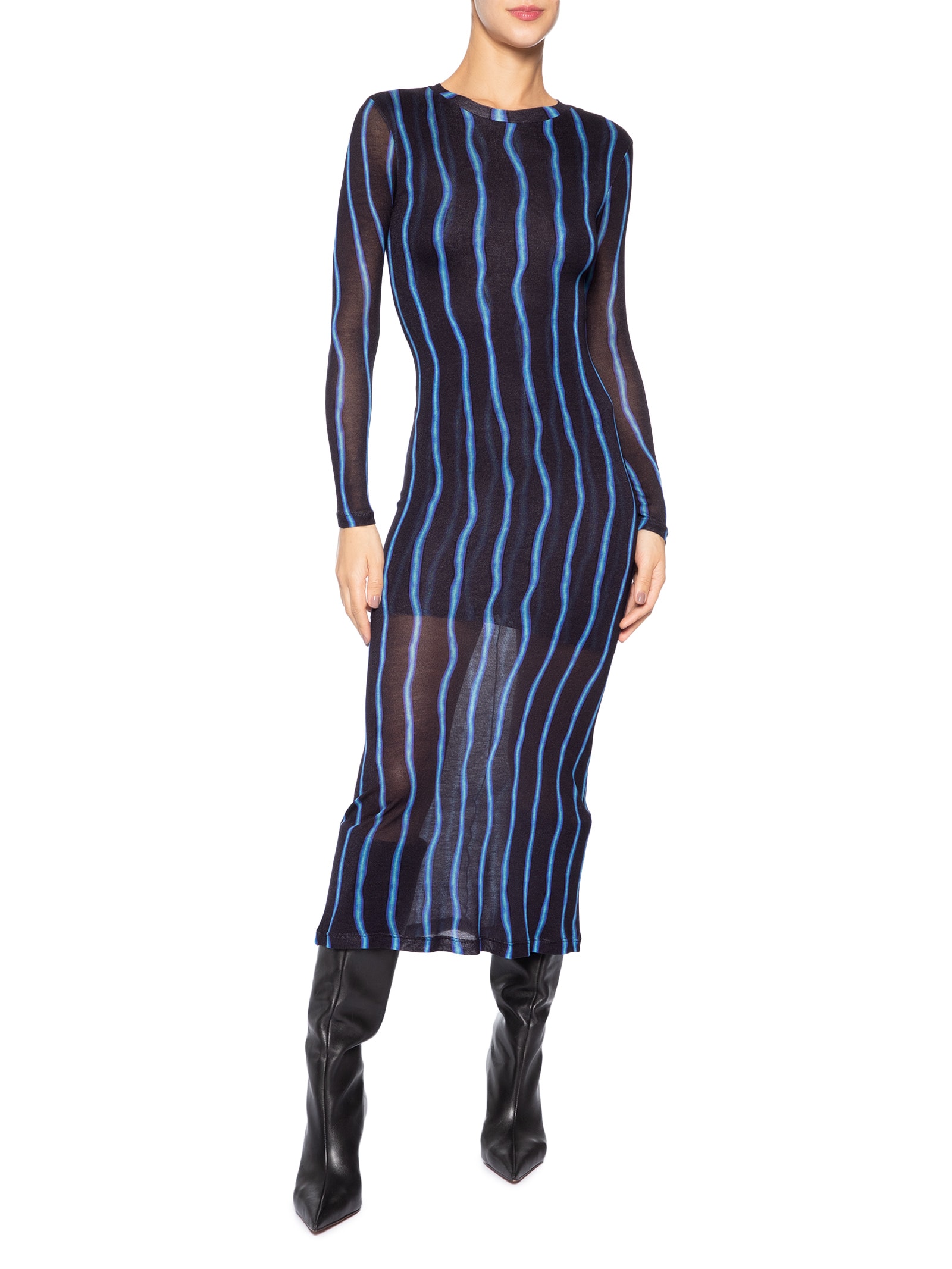 Vestido Malha Manga Longa Franzido Listrado Preto Animale
