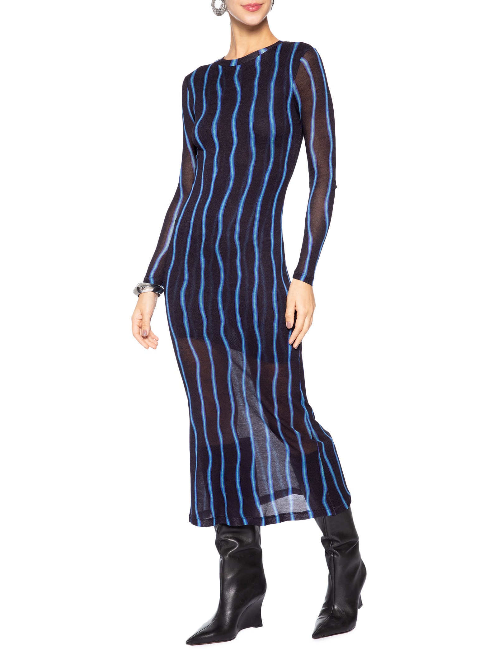 Vestido Malha Manga Longa Franzido Listrado Preto Animale