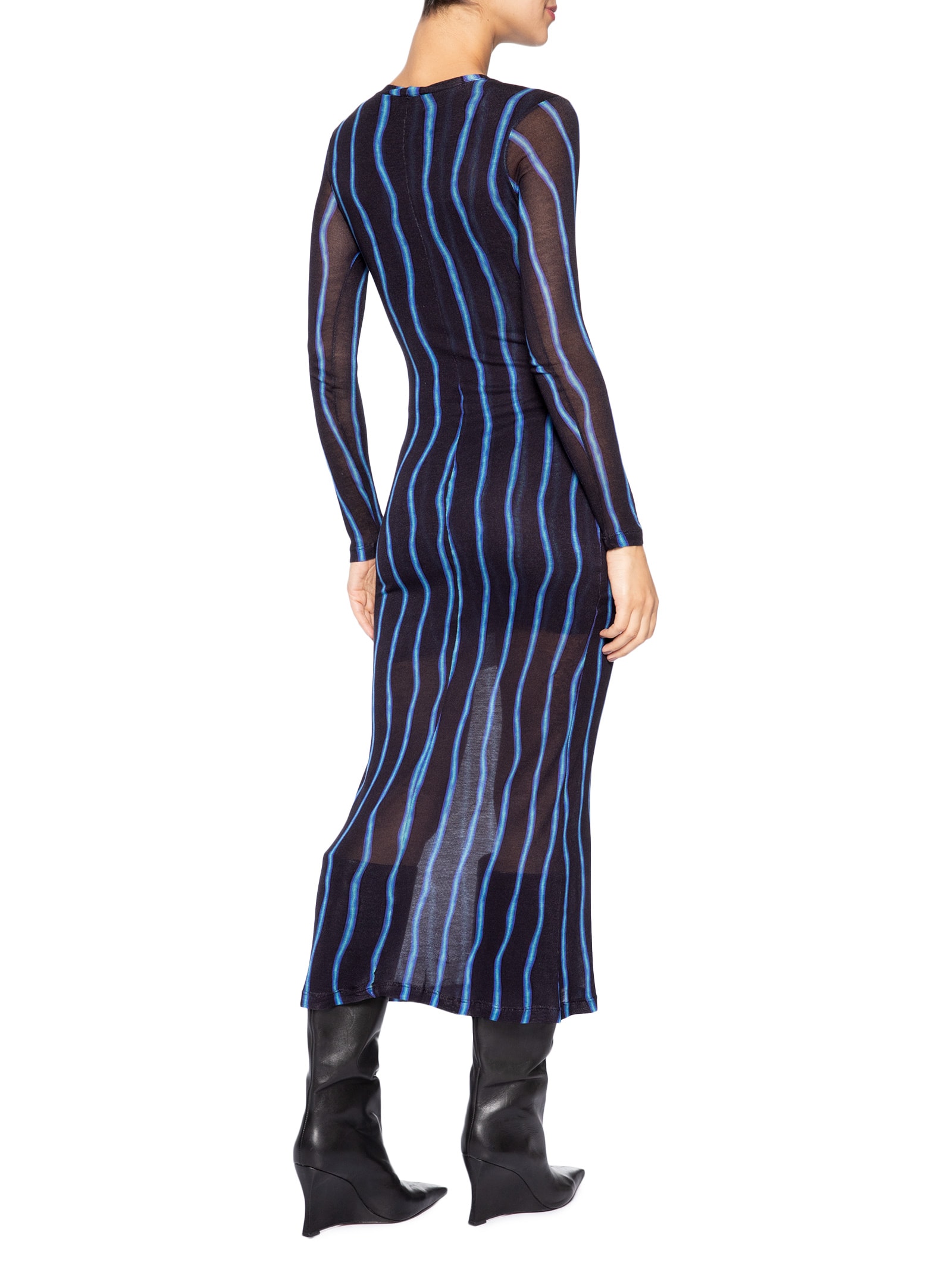Vestido Malha Manga Longa Franzido Listrado Preto Animale