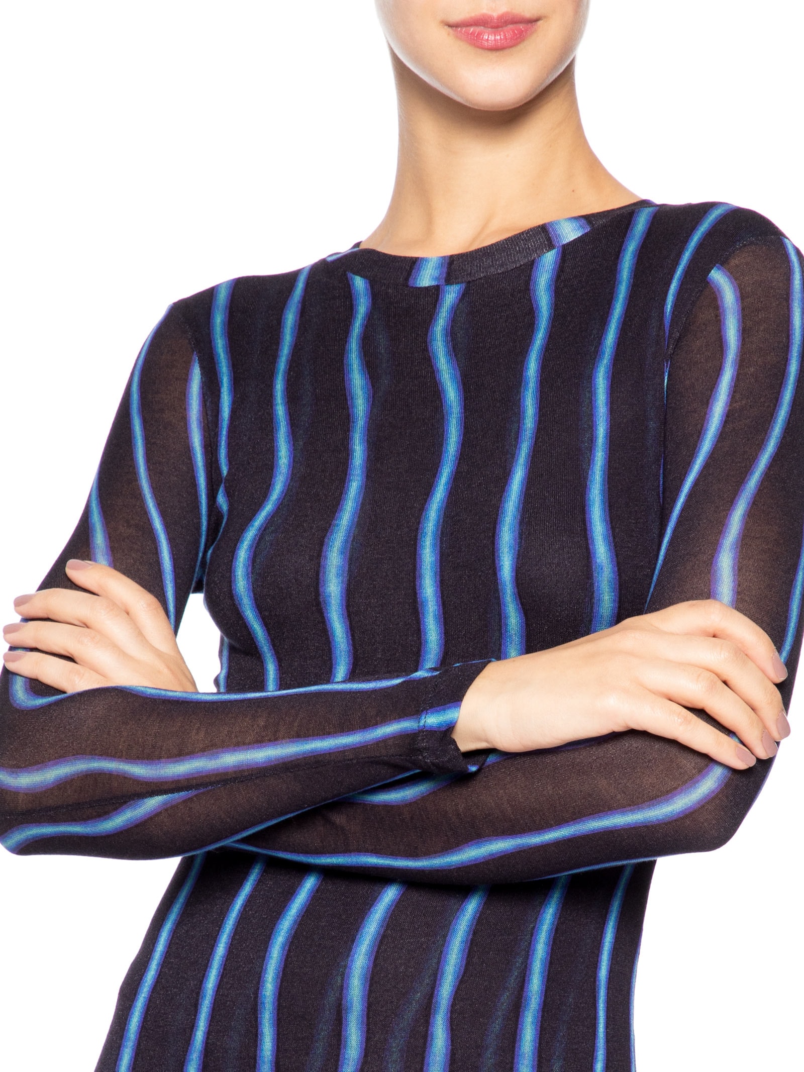 Vestido Malha Manga Longa Franzido Listrado Preto Animale