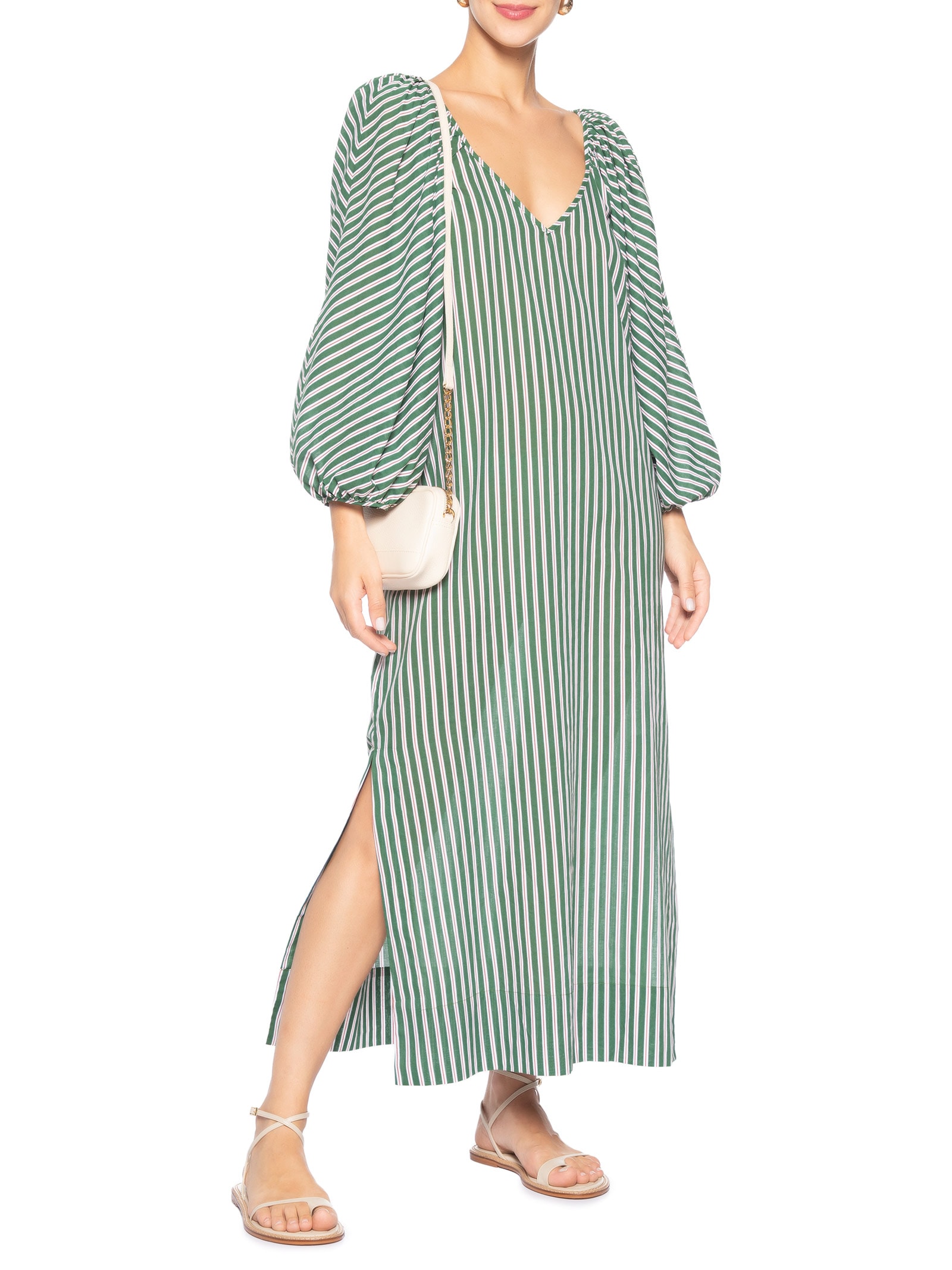 Vestido  Manga Bufante De Voil Listrado Verde Animale