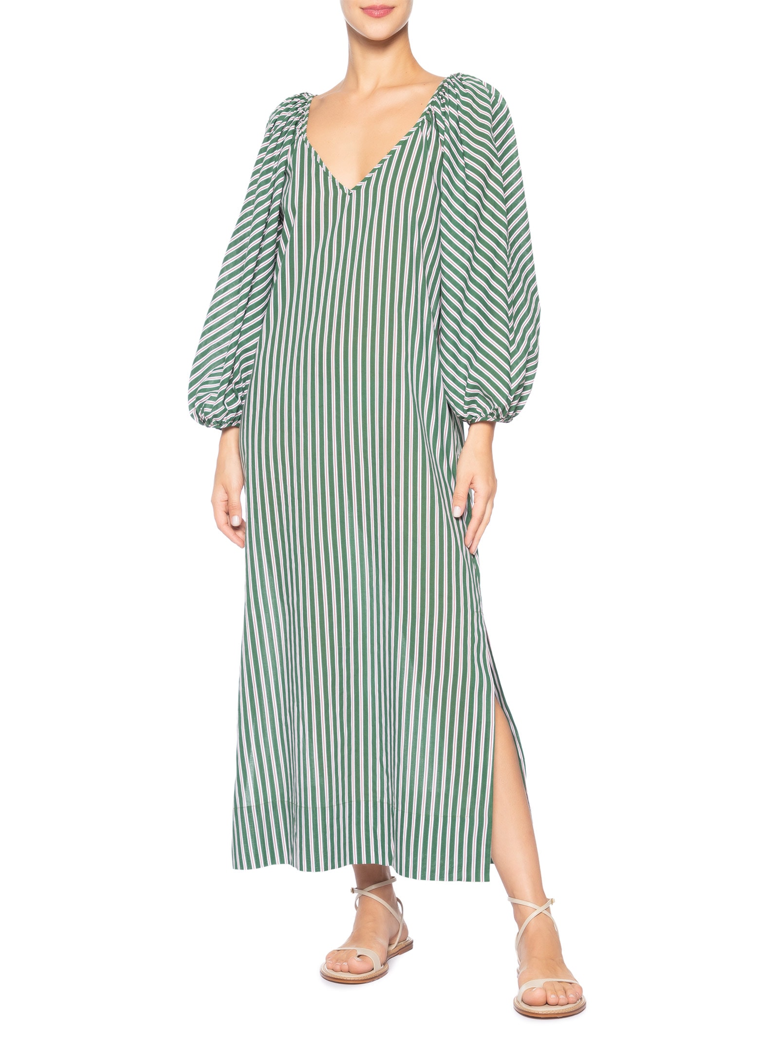 Vestido  Manga Bufante De Voil Listrado Verde Animale