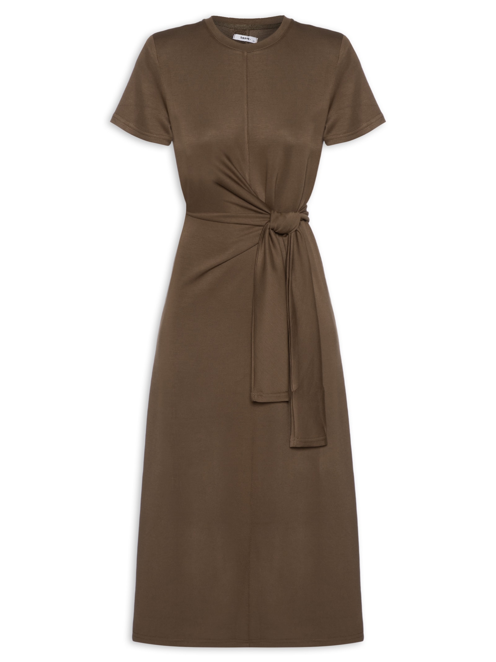 Vestido Manga Curta Com Amarração Marrom Basiq