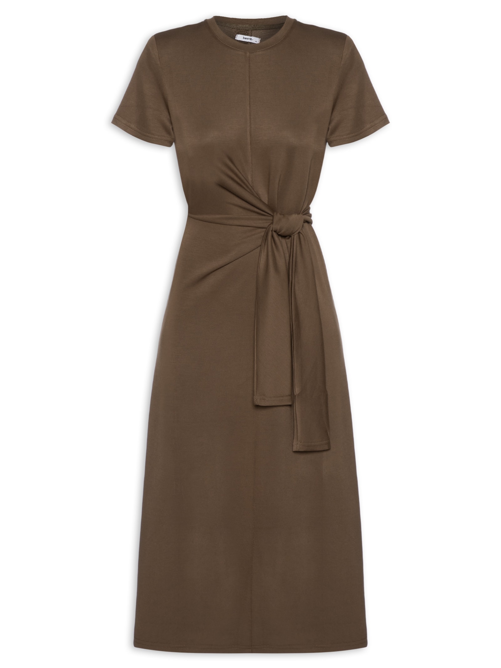 Vestido Manga Curta Com Amarração Marrom Basiq