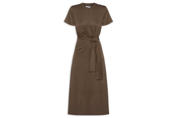 Vestido Manga Curta Com Amarração - Marrom