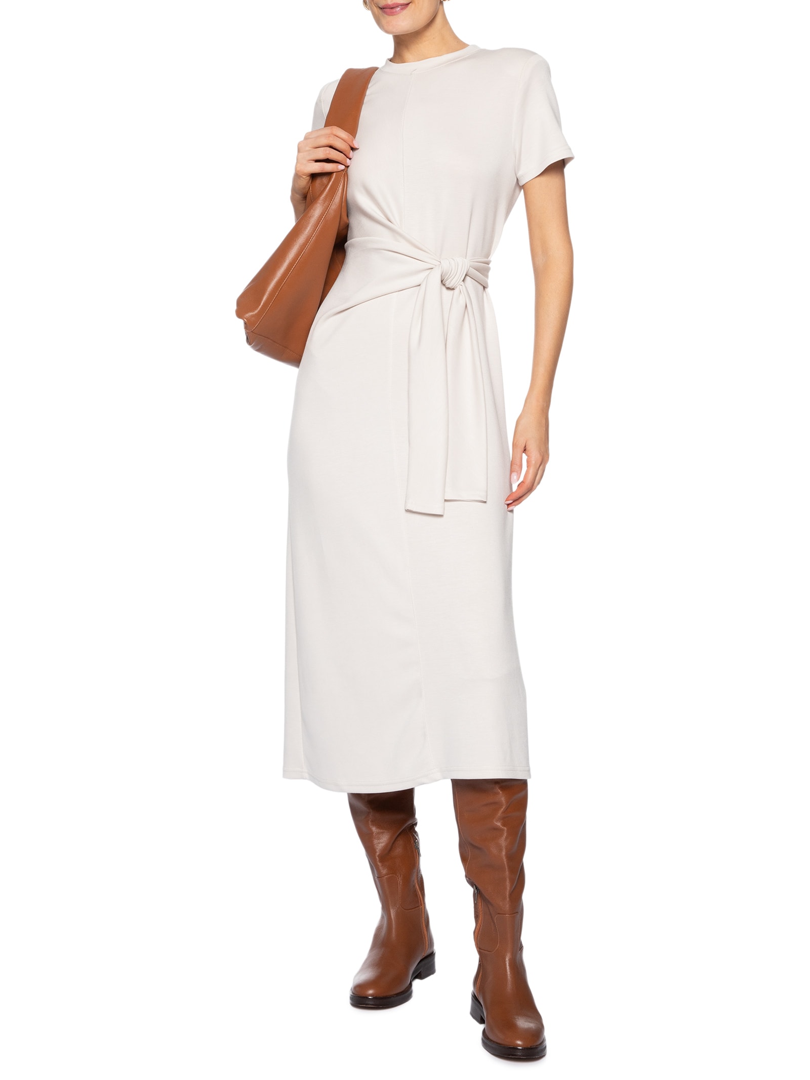 Vestido Manga Curta Com Amarração Off White Basiq