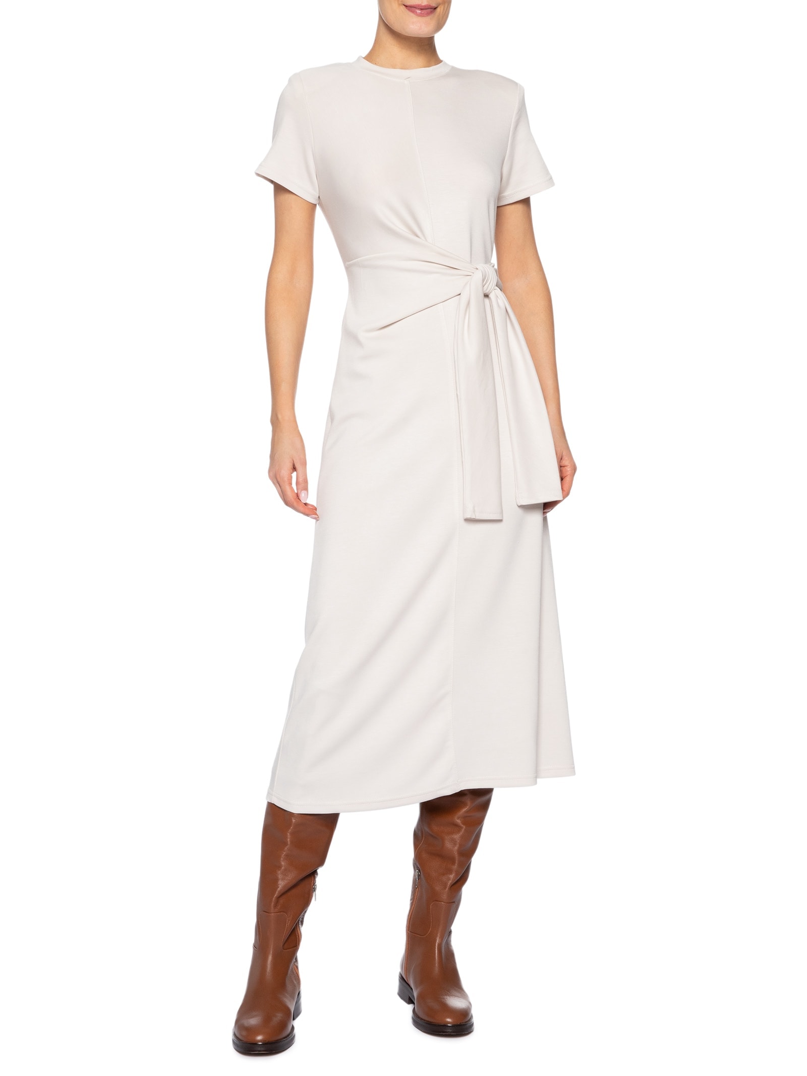 Vestido Manga Curta Com Amarração Off White Basiq