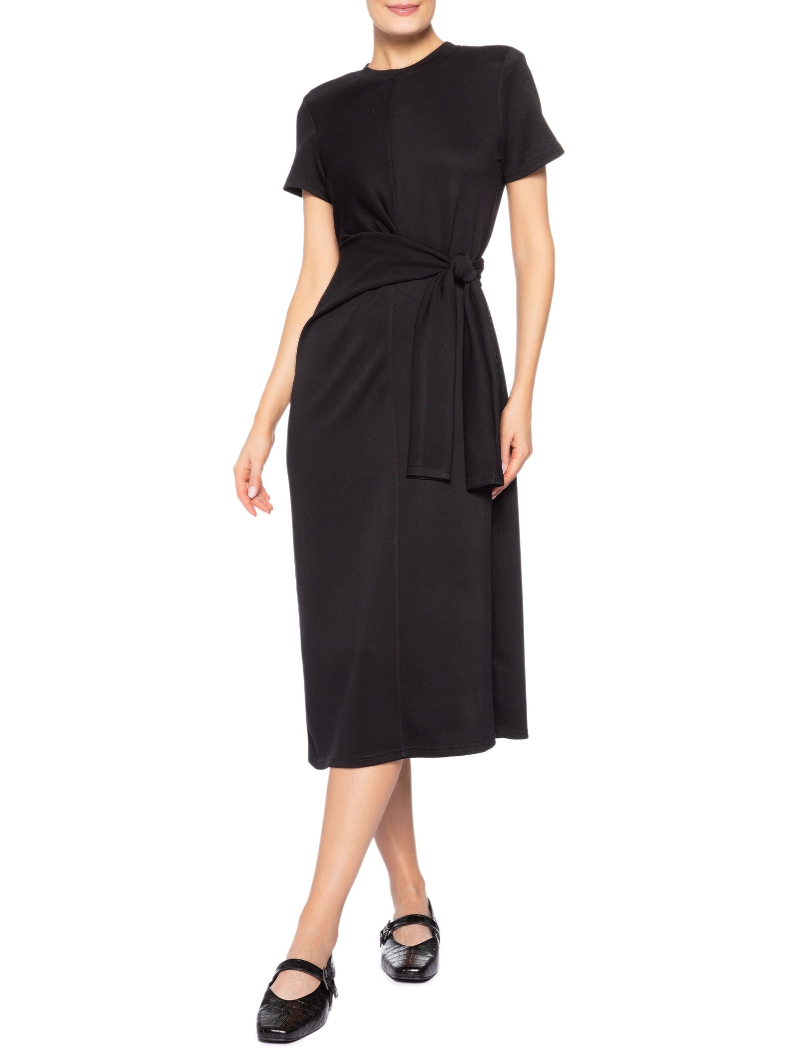 Vestido Manga Curta Com Amarração Preto Basiq