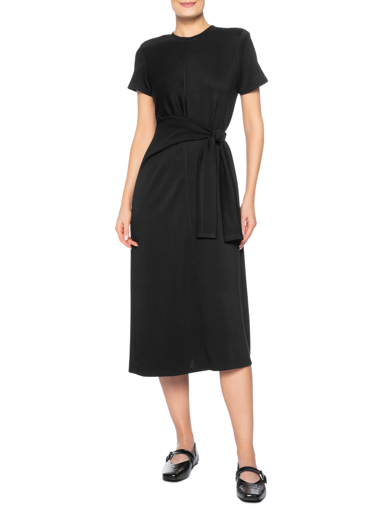 Vestido Manga Curta Com Amarração Preto Basiq