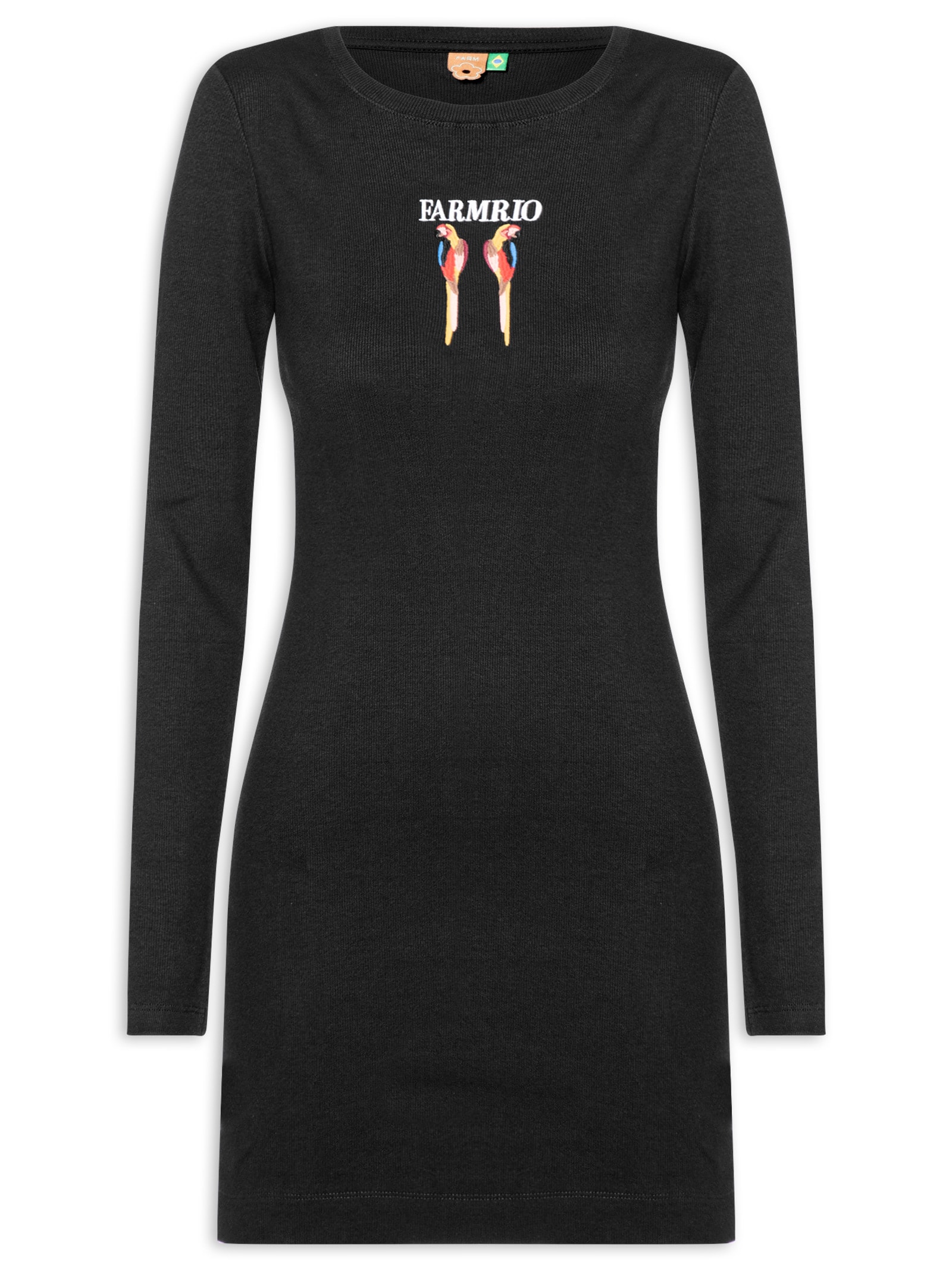 Vestido Manga Longa Bordado Araras Preto Farm