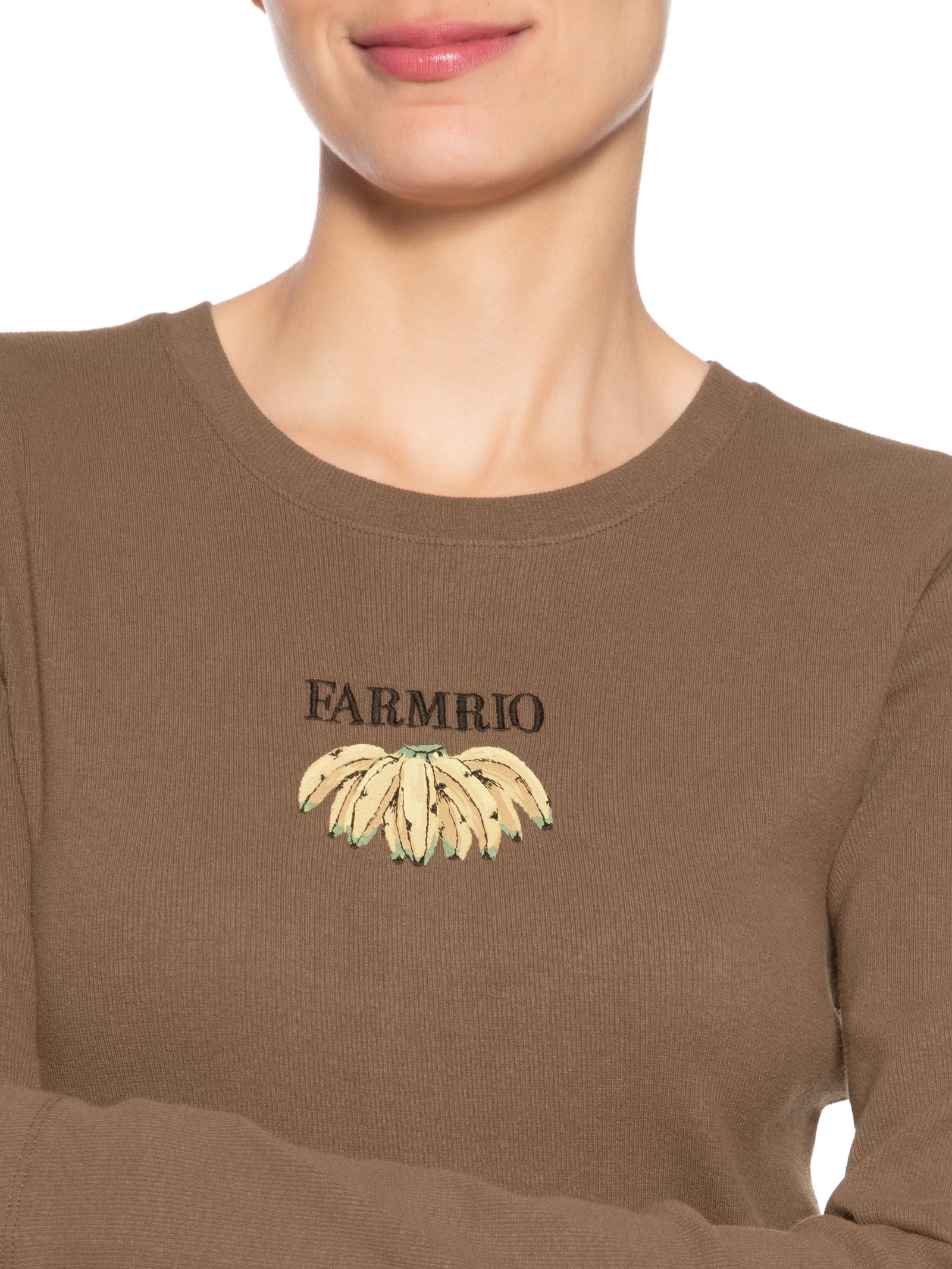 Vestido Manga Longa Bordado Bananas Marrom Farm