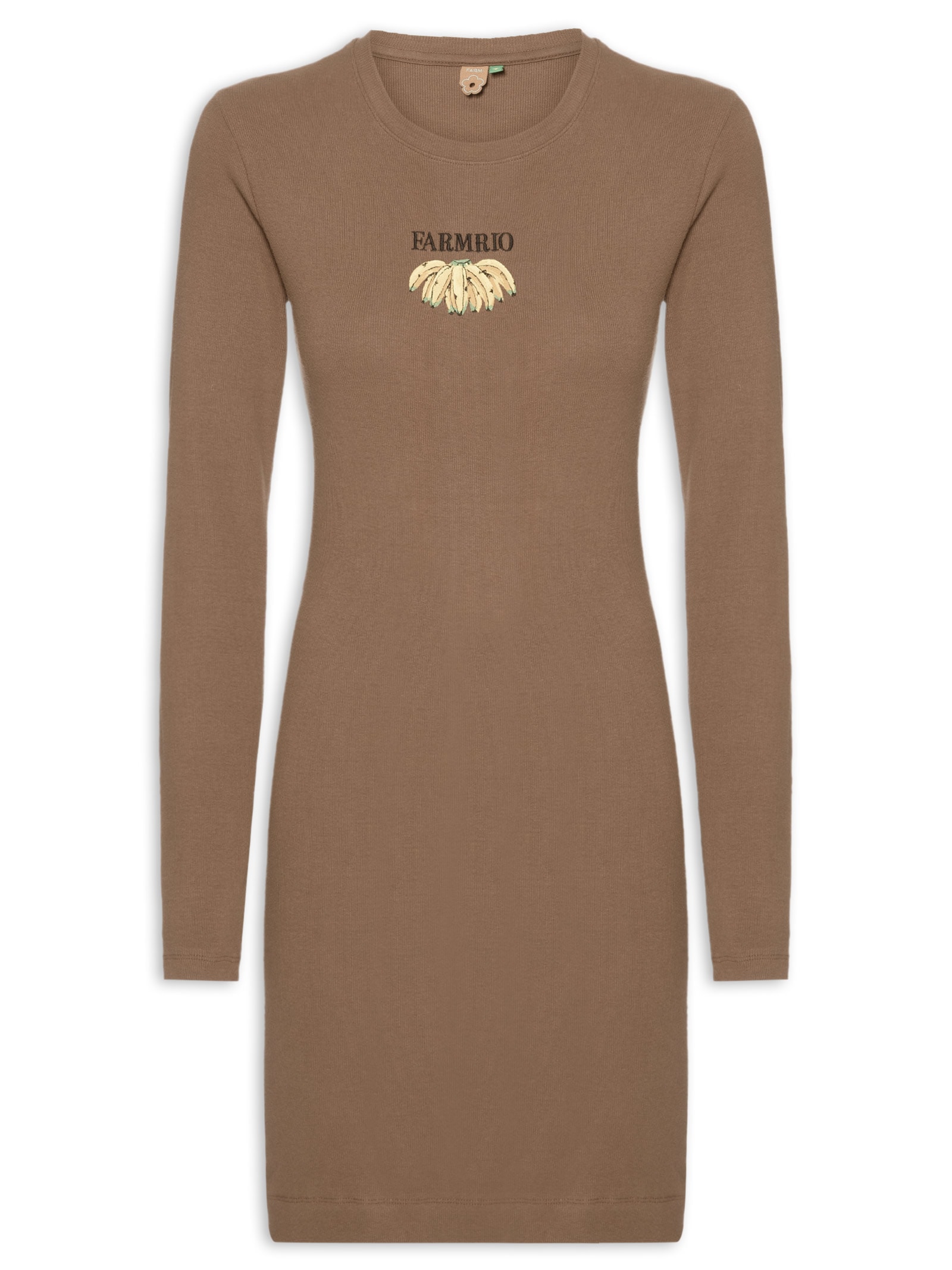 Vestido Manga Longa Bordado Bananas Marrom Farm