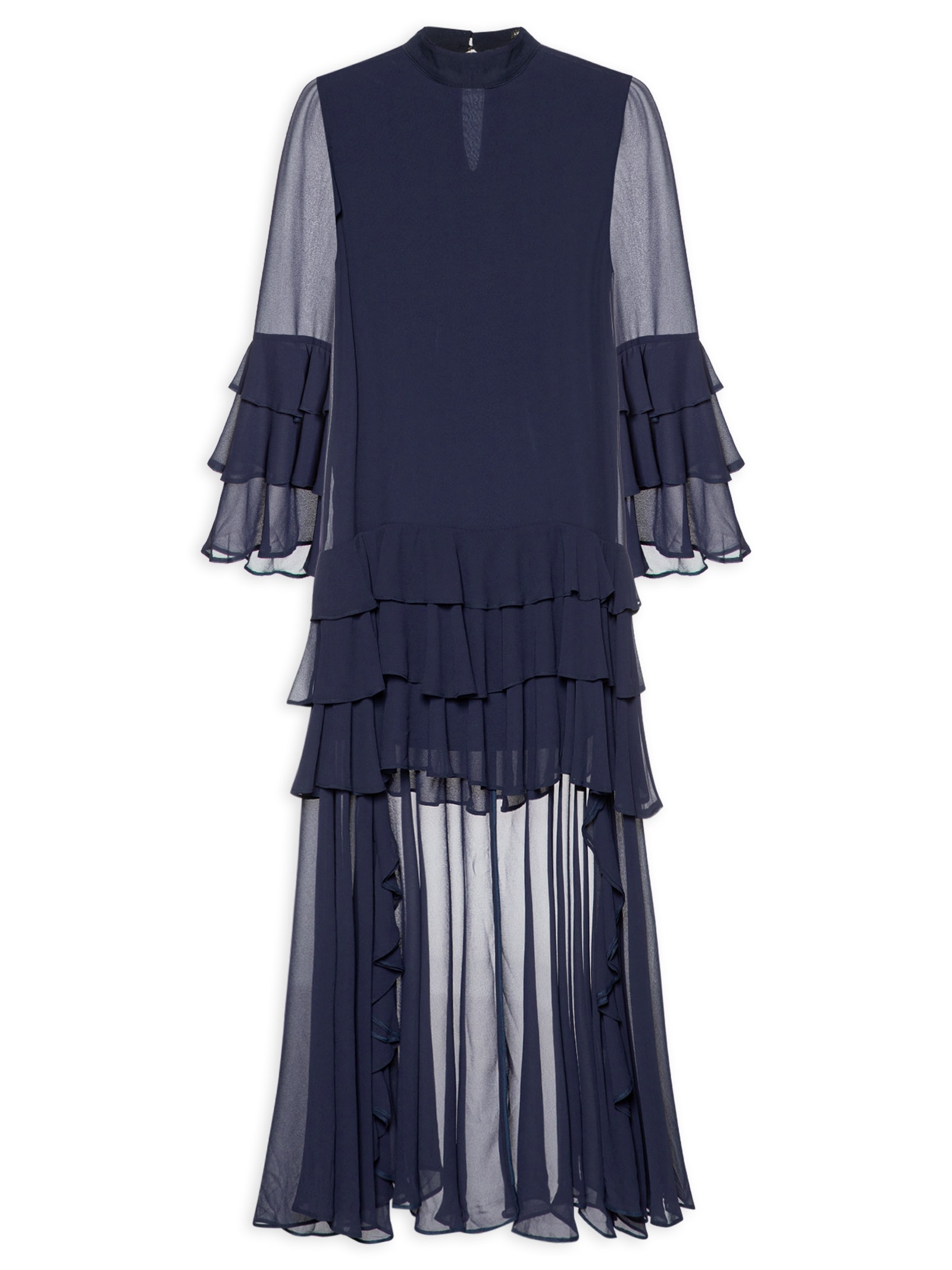 Vestido Manga Longa Com Babado Azul Lança Perfume