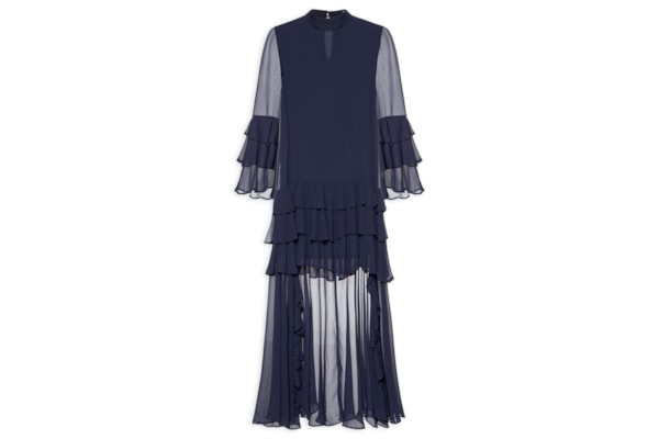 Vestido Manga Longa Com Babado - Azul