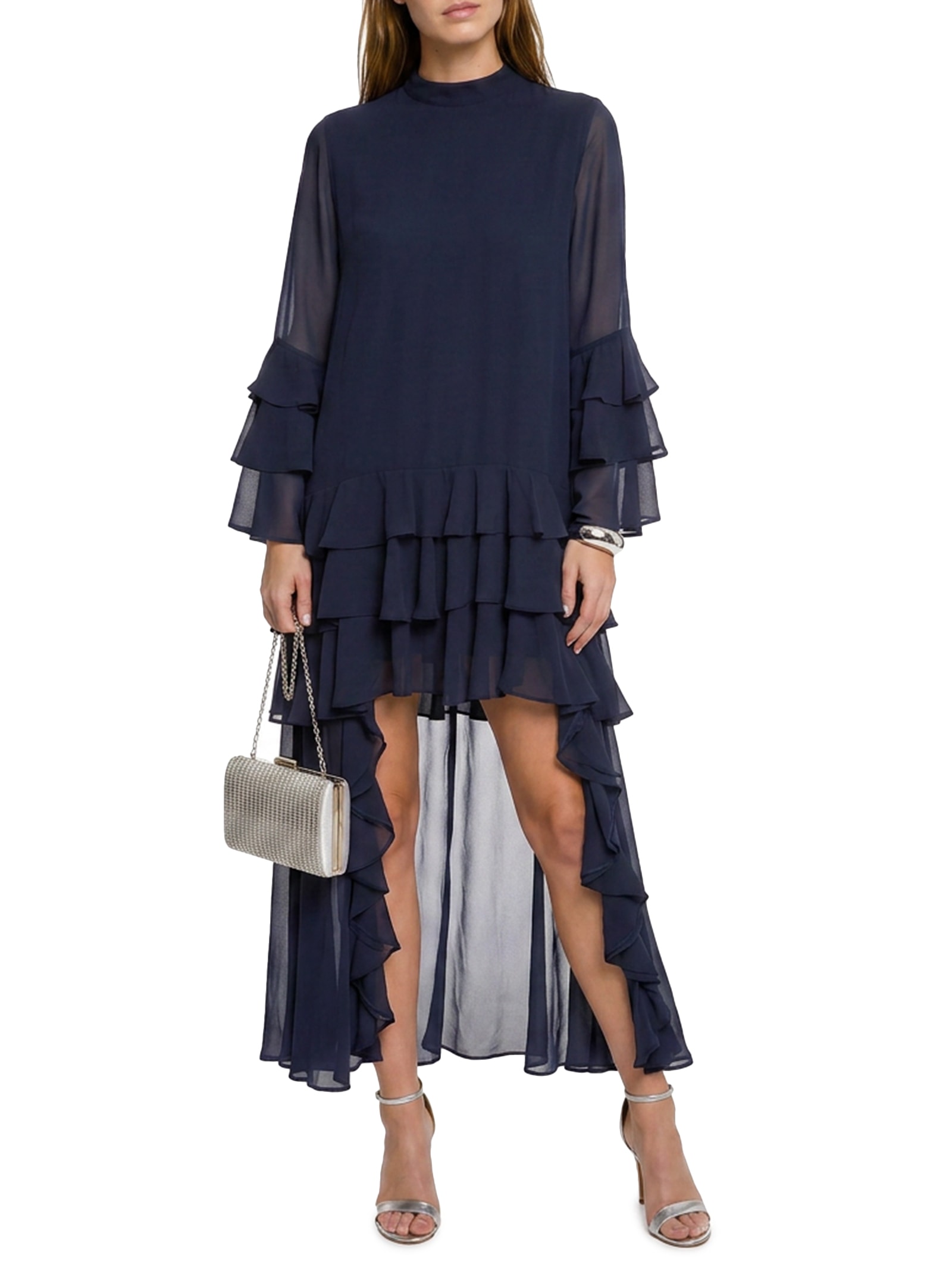 Vestido Manga Longa Com Babado Azul Lança Perfume