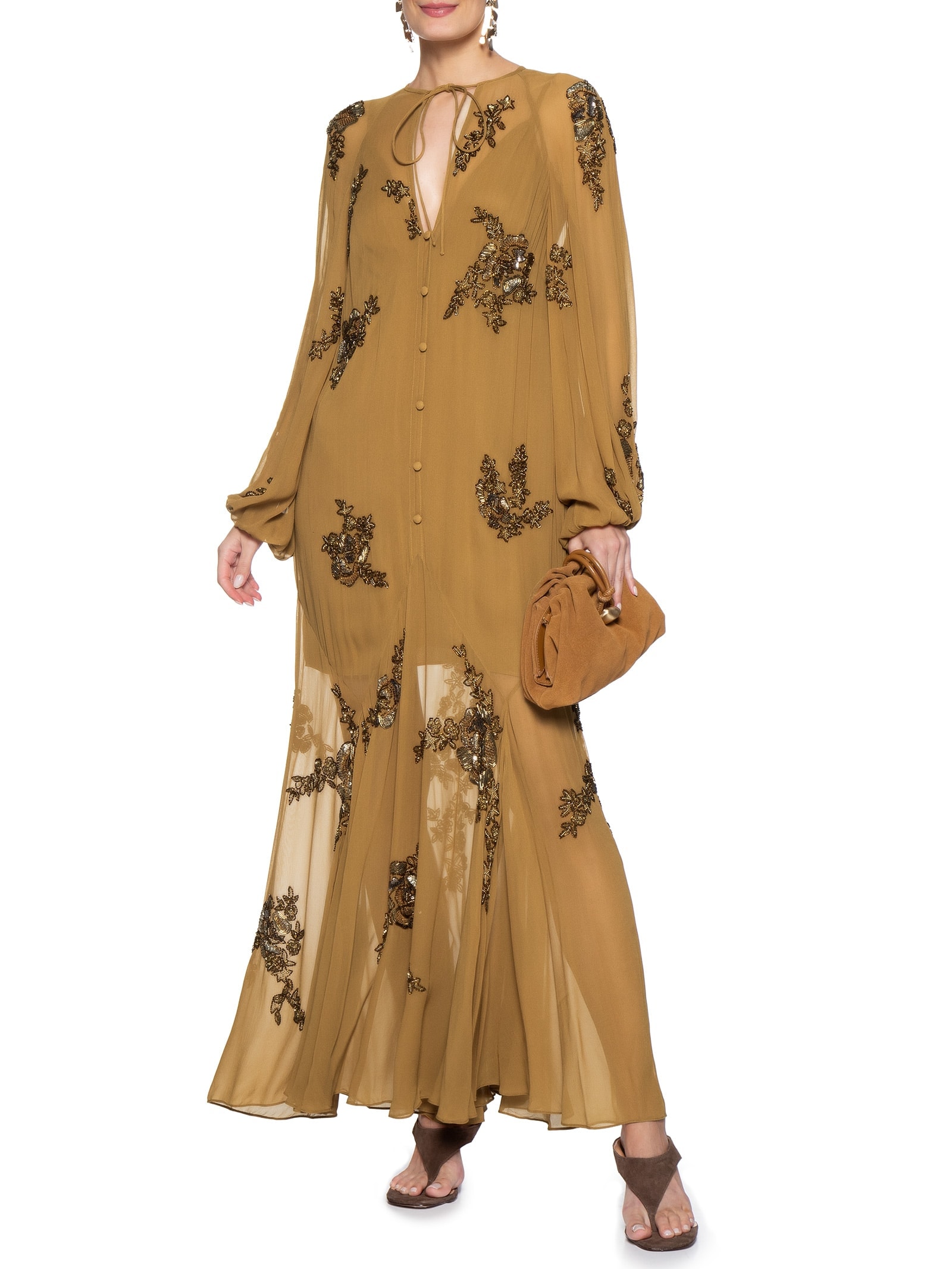 Vestido Manga Longa Com Bordado Marrom Animale