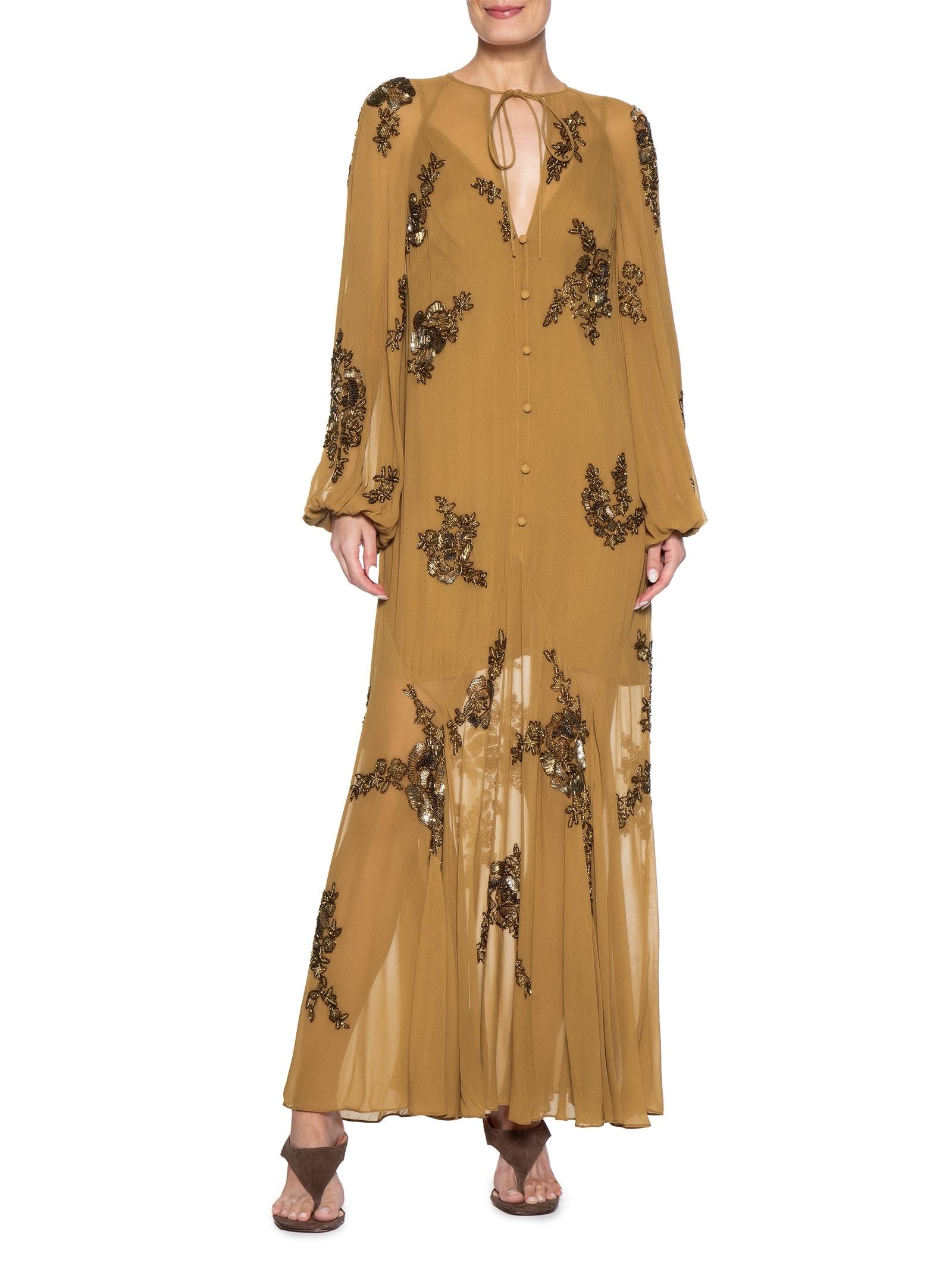 Vestido Manga Longa Com Bordado Marrom Animale