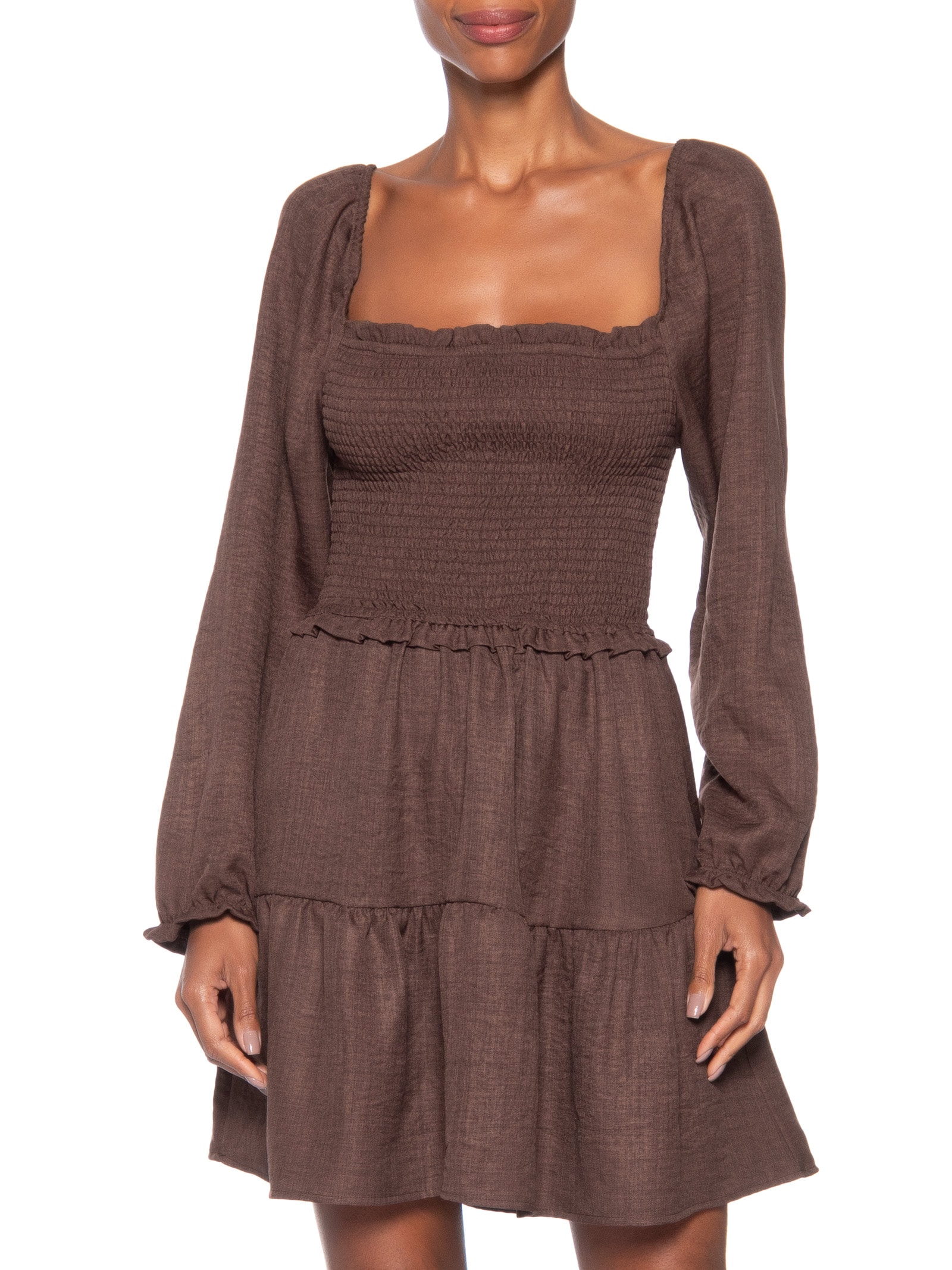 Vestido Manga Longa Com Lastex Marrom Market 33