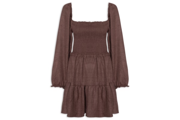 Vestido Manga Longa Com Lastex – Marrom