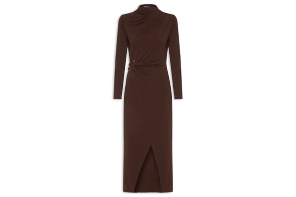 Vestido Manga Longa Com Transpasse - Marrom