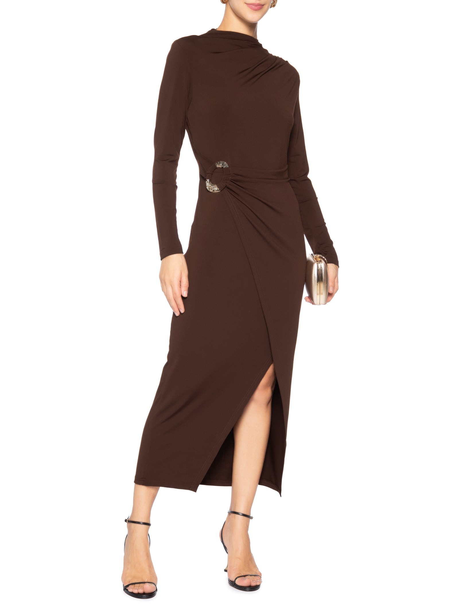 Vestido Manga Longa Com Transpasse Marrom '2Essential