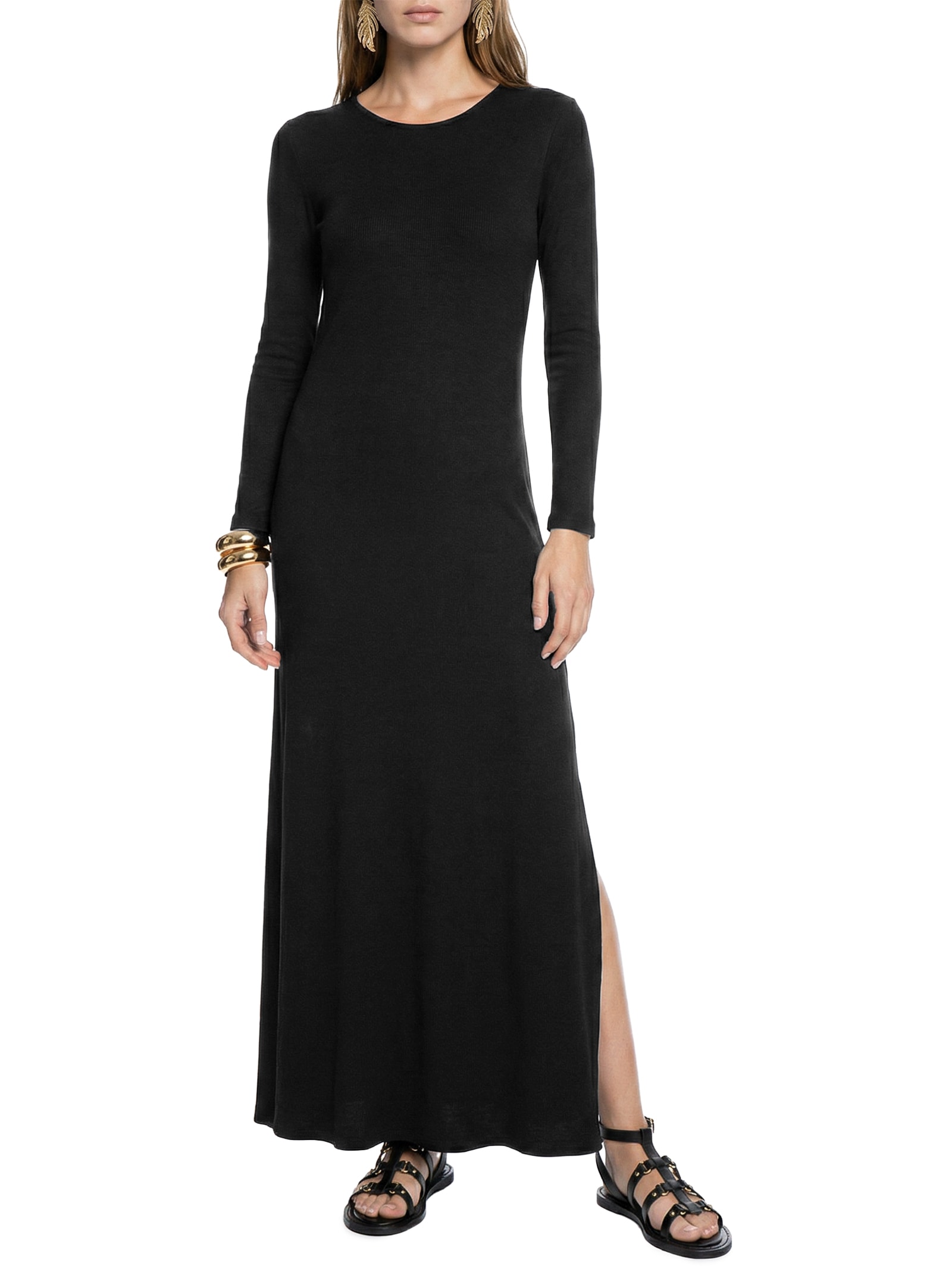 Vestido Manga Longa Fenda Lateral – Preto Cacay