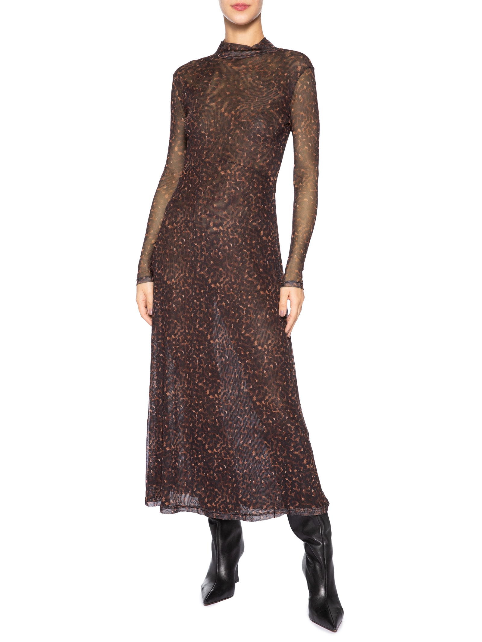 Vestido Manga Longa Tule Textura Bean Color Marrom Animale