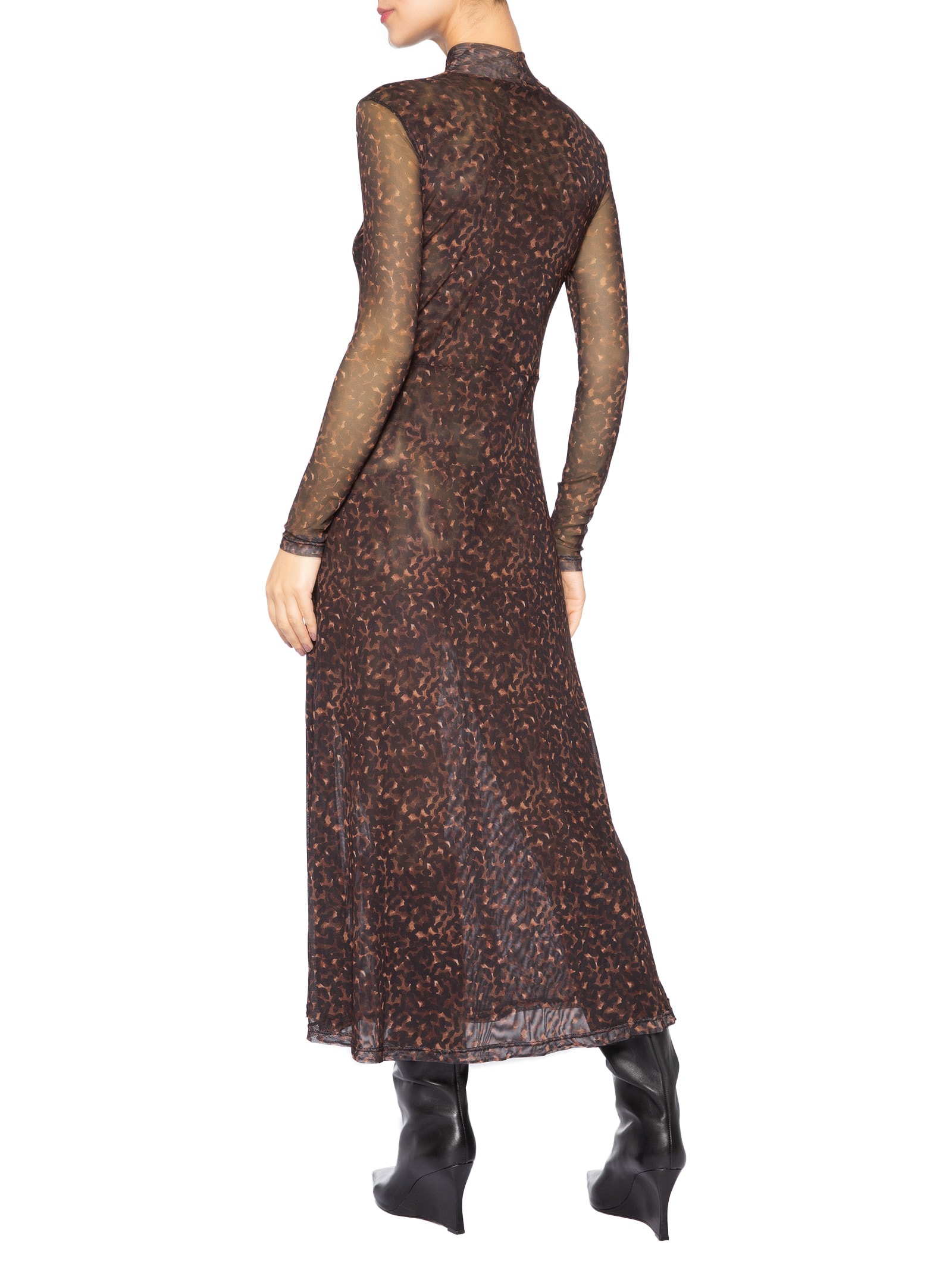 Vestido Manga Longa Tule Textura Bean Color Marrom Animale