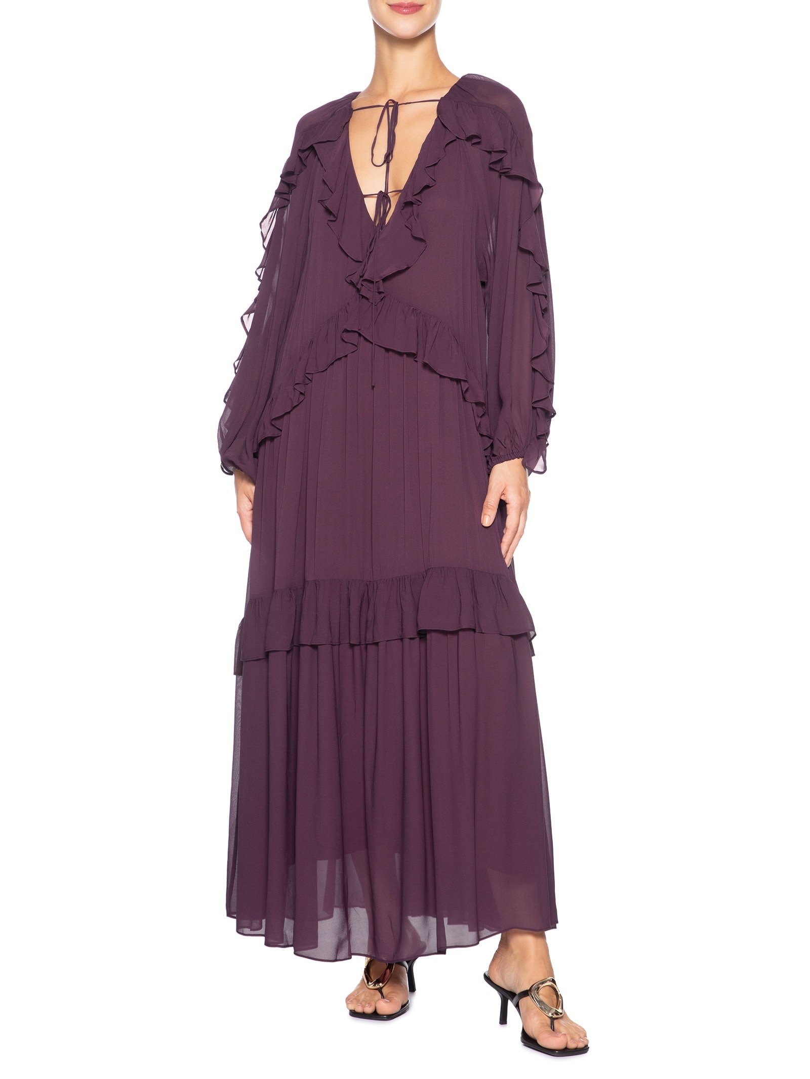 Vestido Mangas Babados Roxo Farm