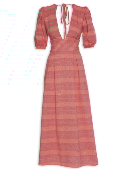 Vestido Mangas Bufantes E Listras – Vermelho