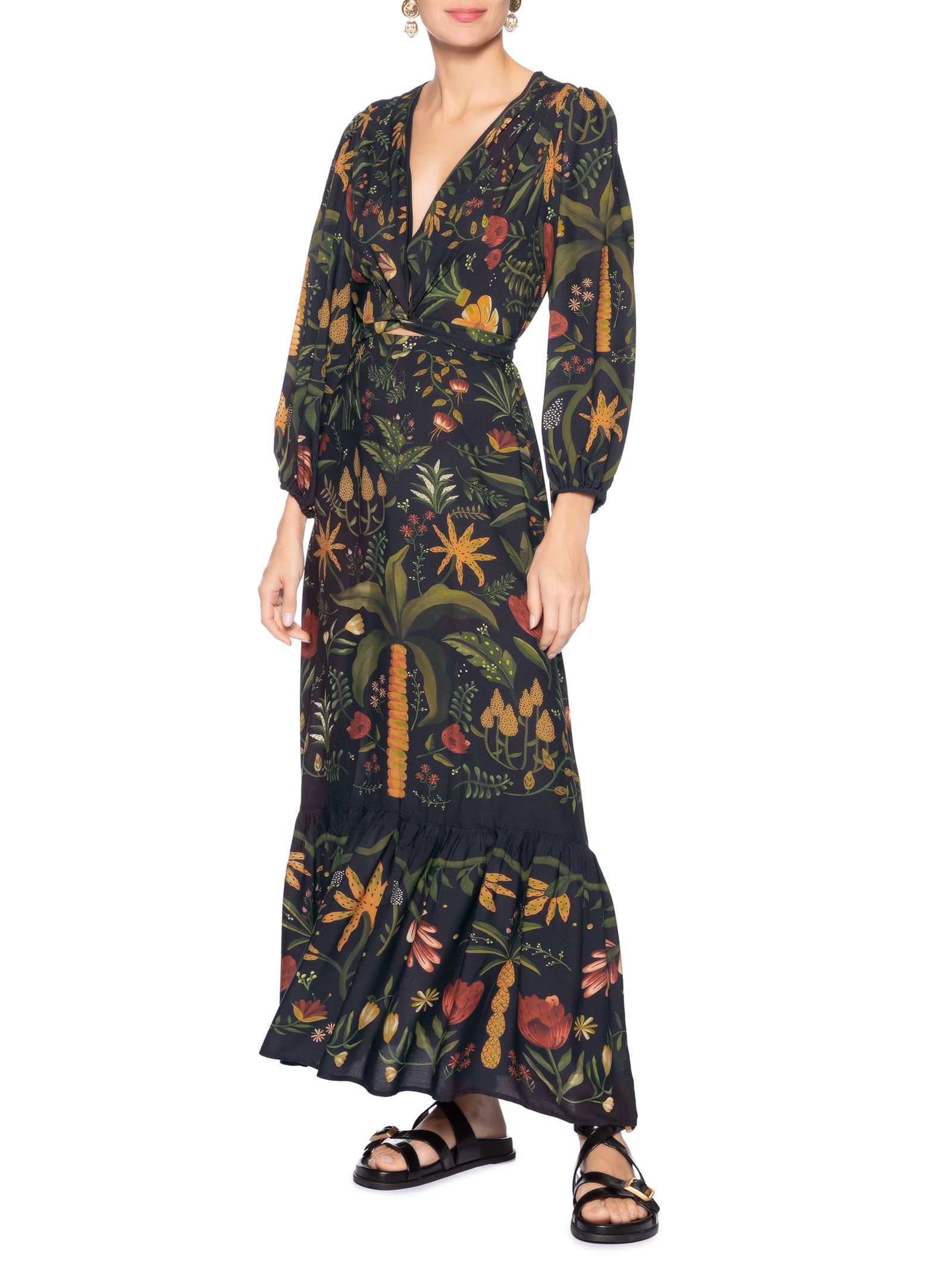 Vestido Mangas Inverno Tropical Preto Farm