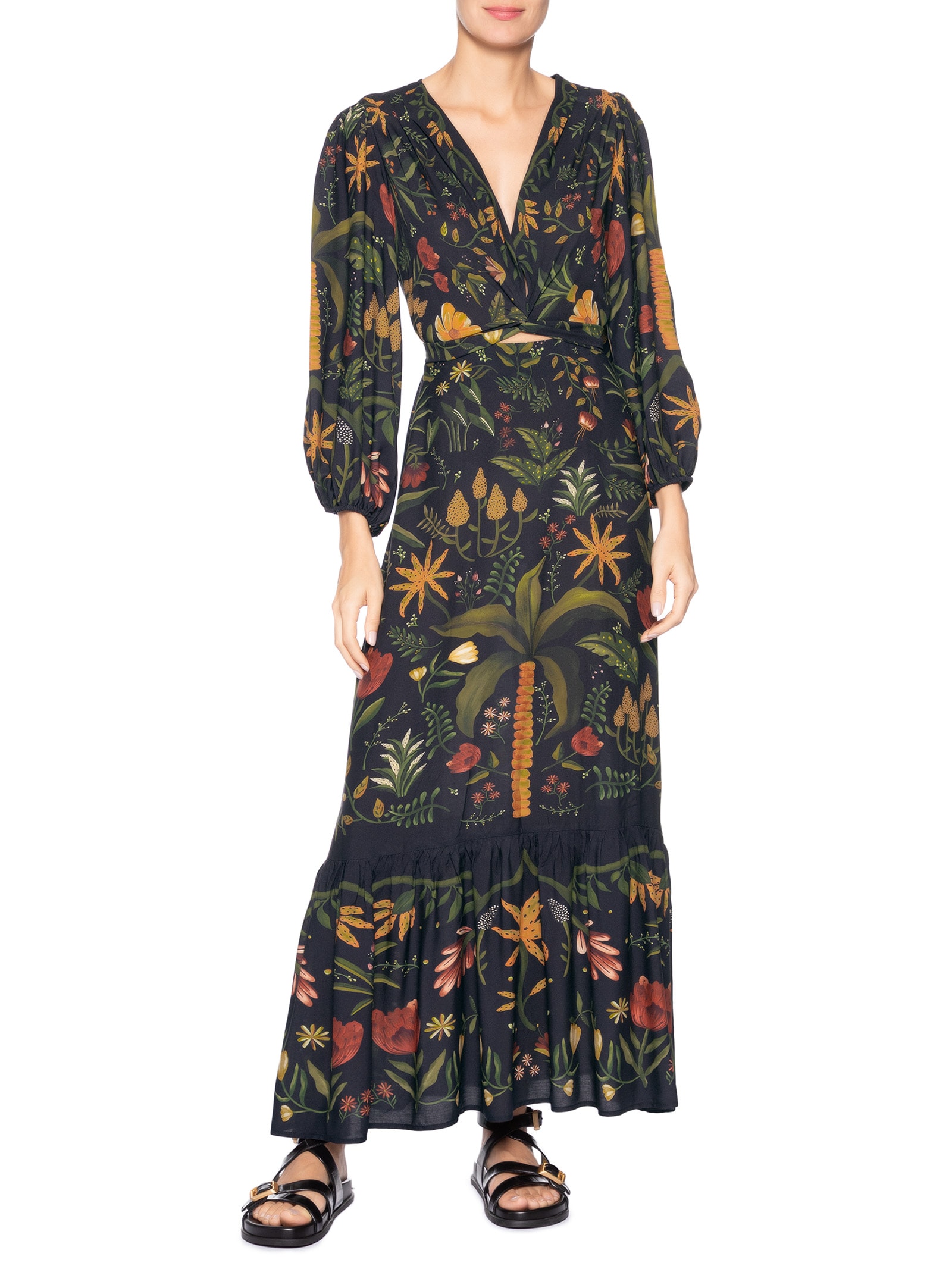 Vestido Mangas Inverno Tropical Preto Farm