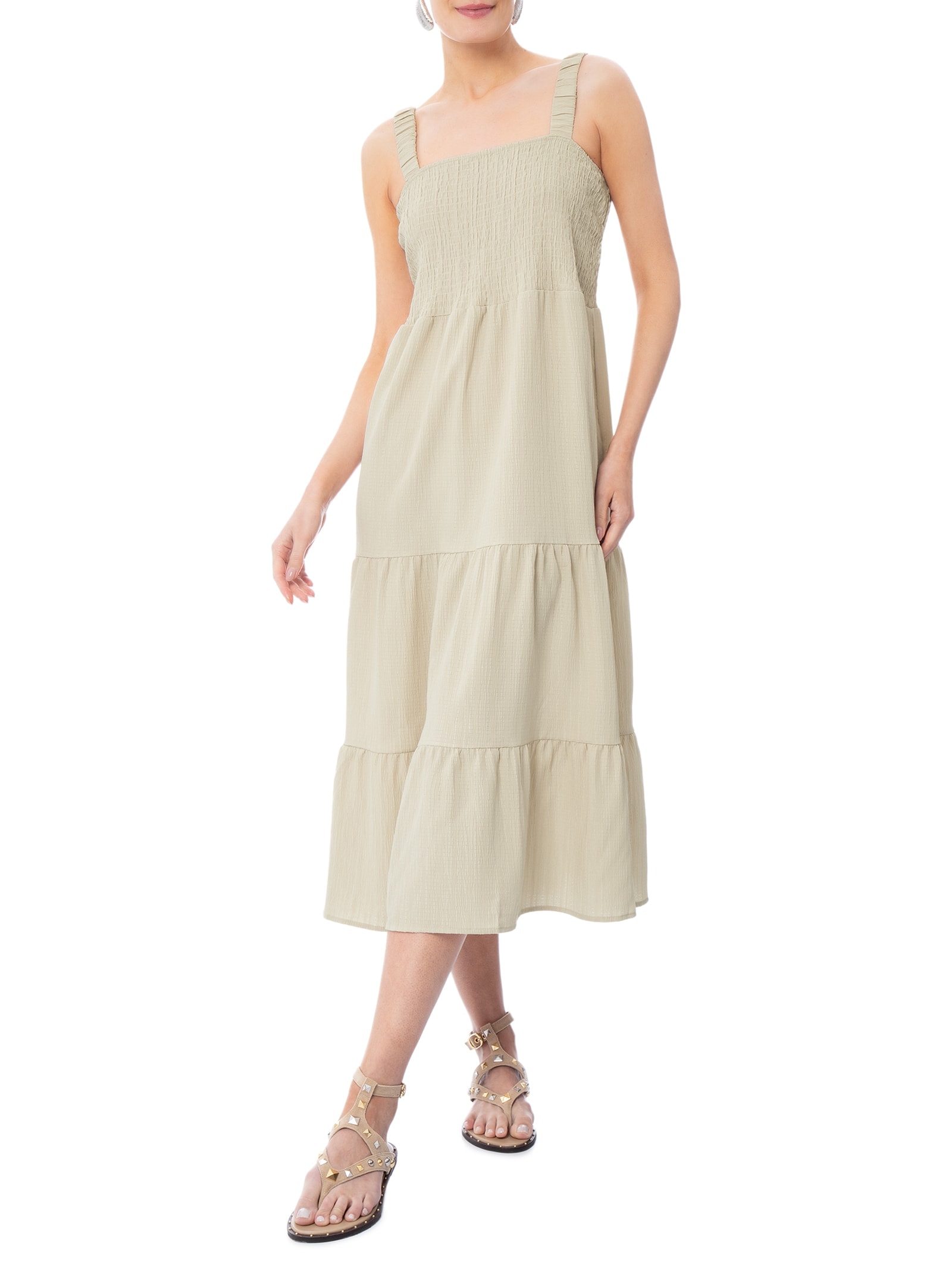 Vestido Marias Franzido Bege Basiq