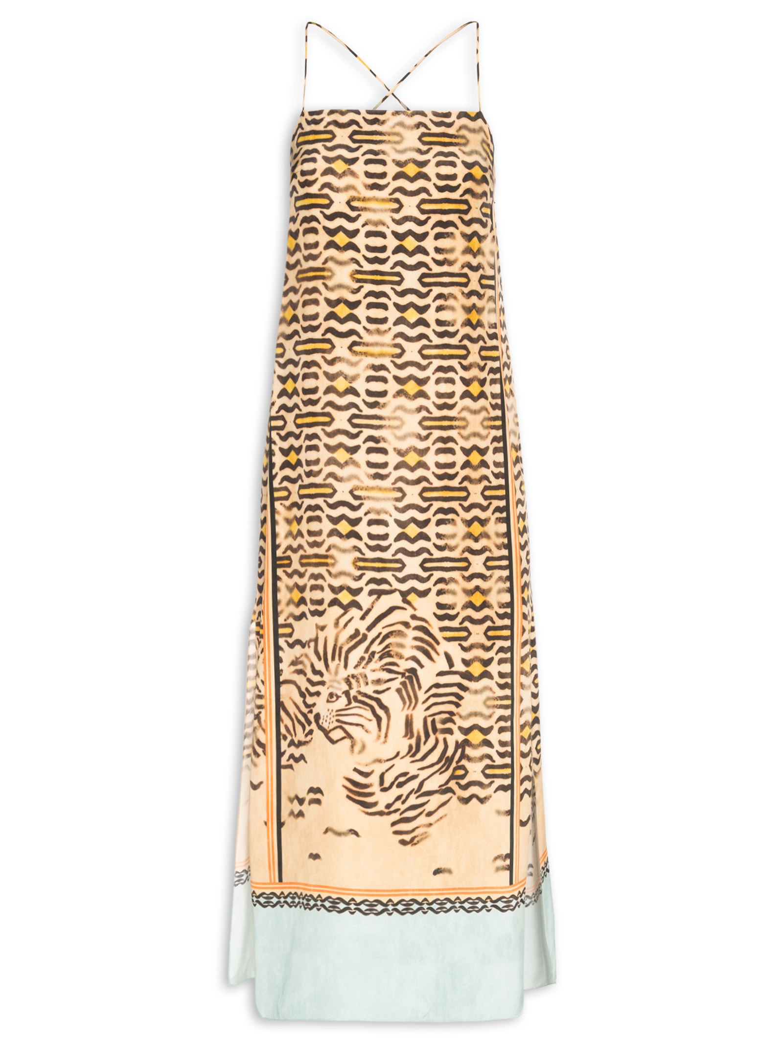 Vestido Midi Alça De Seda Estampado Barrado Animal Print Animale