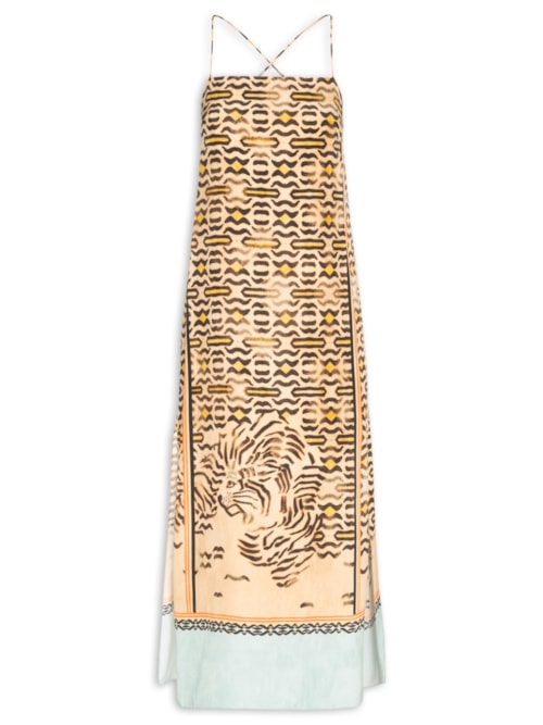 Vestido Midi Alça De Seda Estampado Barrado - Animal Print