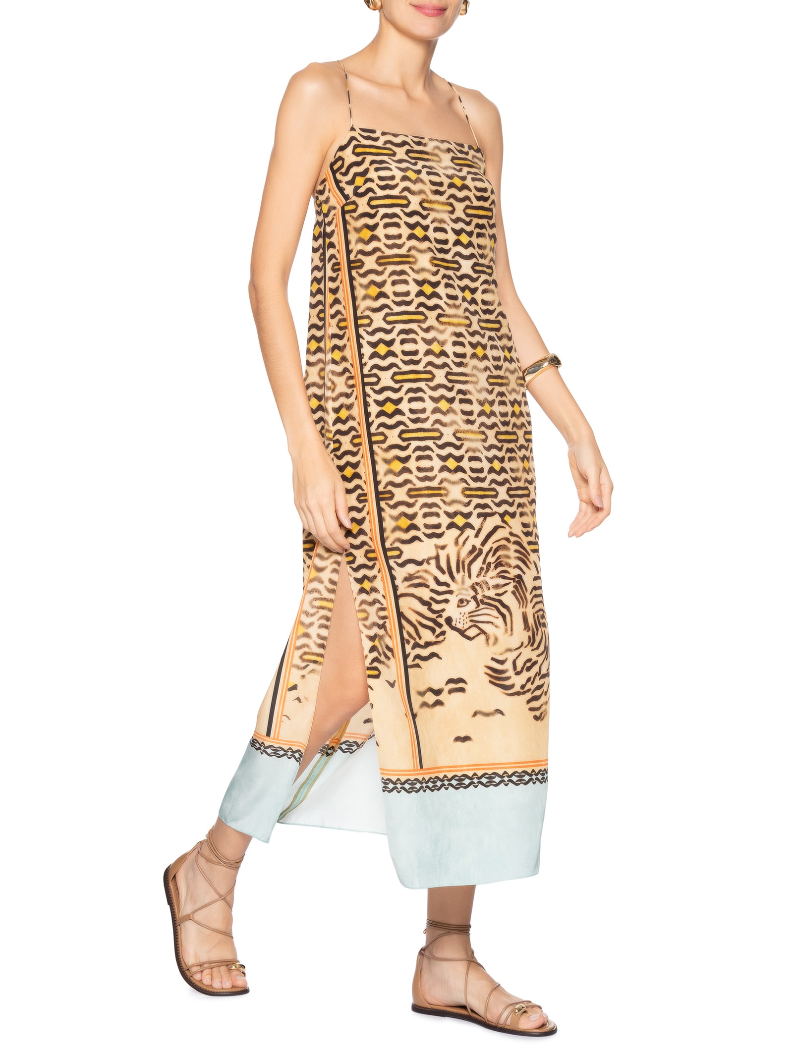 Vestido Midi Alça De Seda Estampado Barrado Animal Print Animale