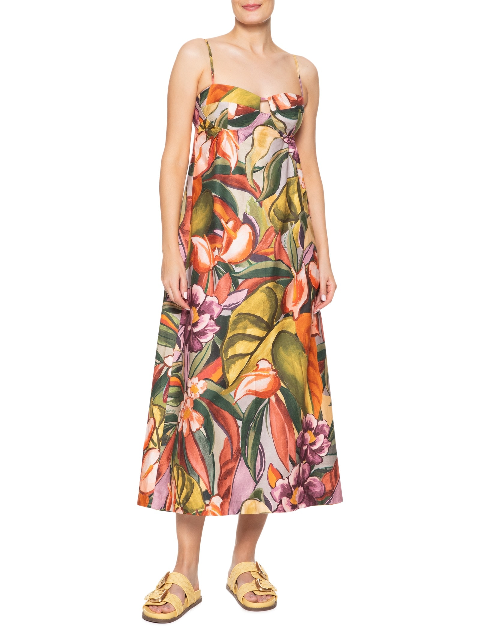 Vestido Midi Alça Folhagem de Inverno Verde Farm