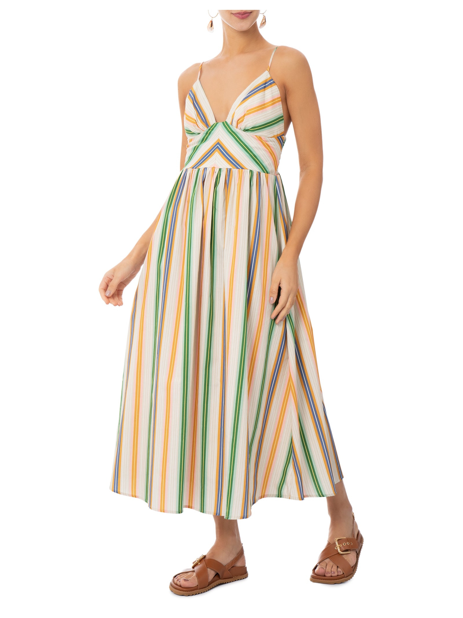 Vestido Midi Alça Listra Tropique Rosa Farm