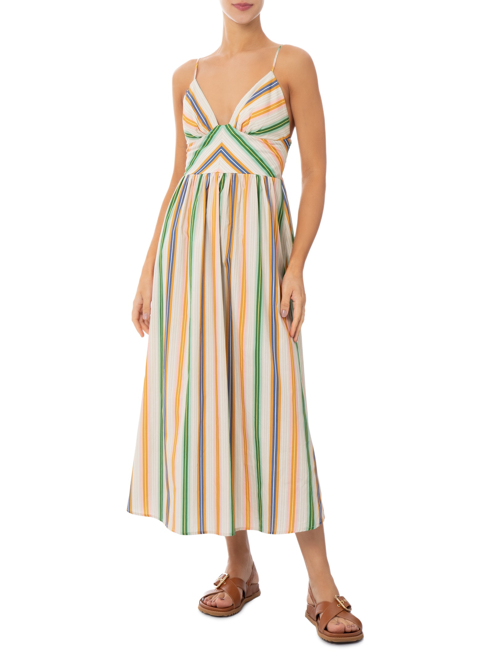 Vestido Midi Alça Listra Tropique Rosa Farm