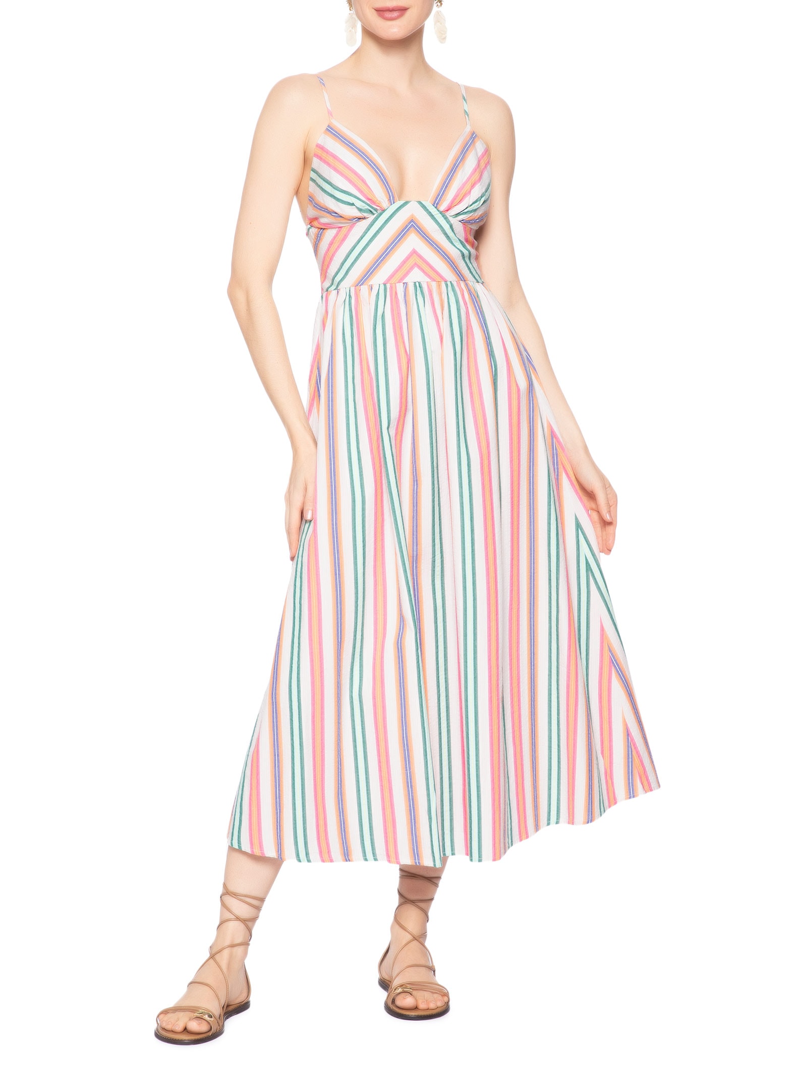 Vestido Midi Alça Listra Tropique Rosa Farm