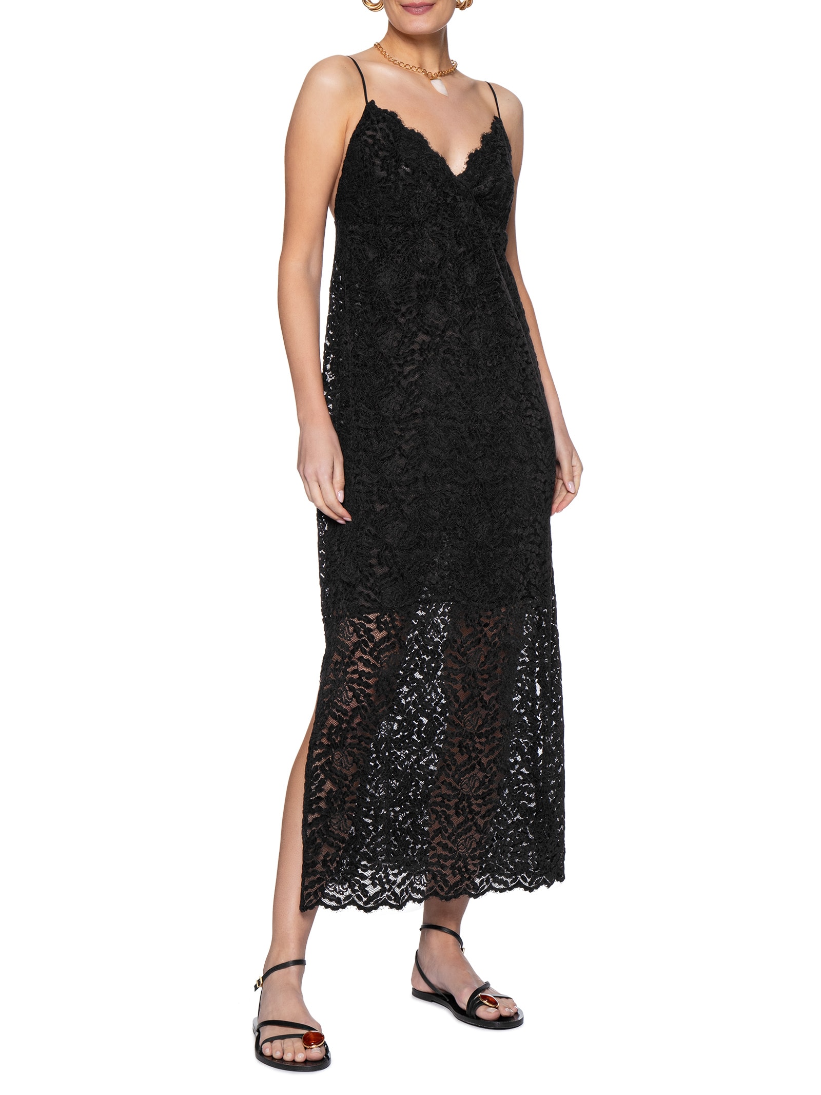 Vestido Midi Alça Renda -Preto Maria Filó
