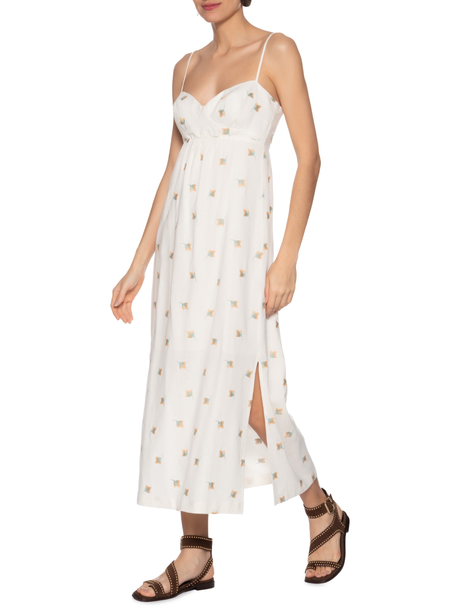 Vestido Midi Alcinha Bordado Floral Branco Maria Filó