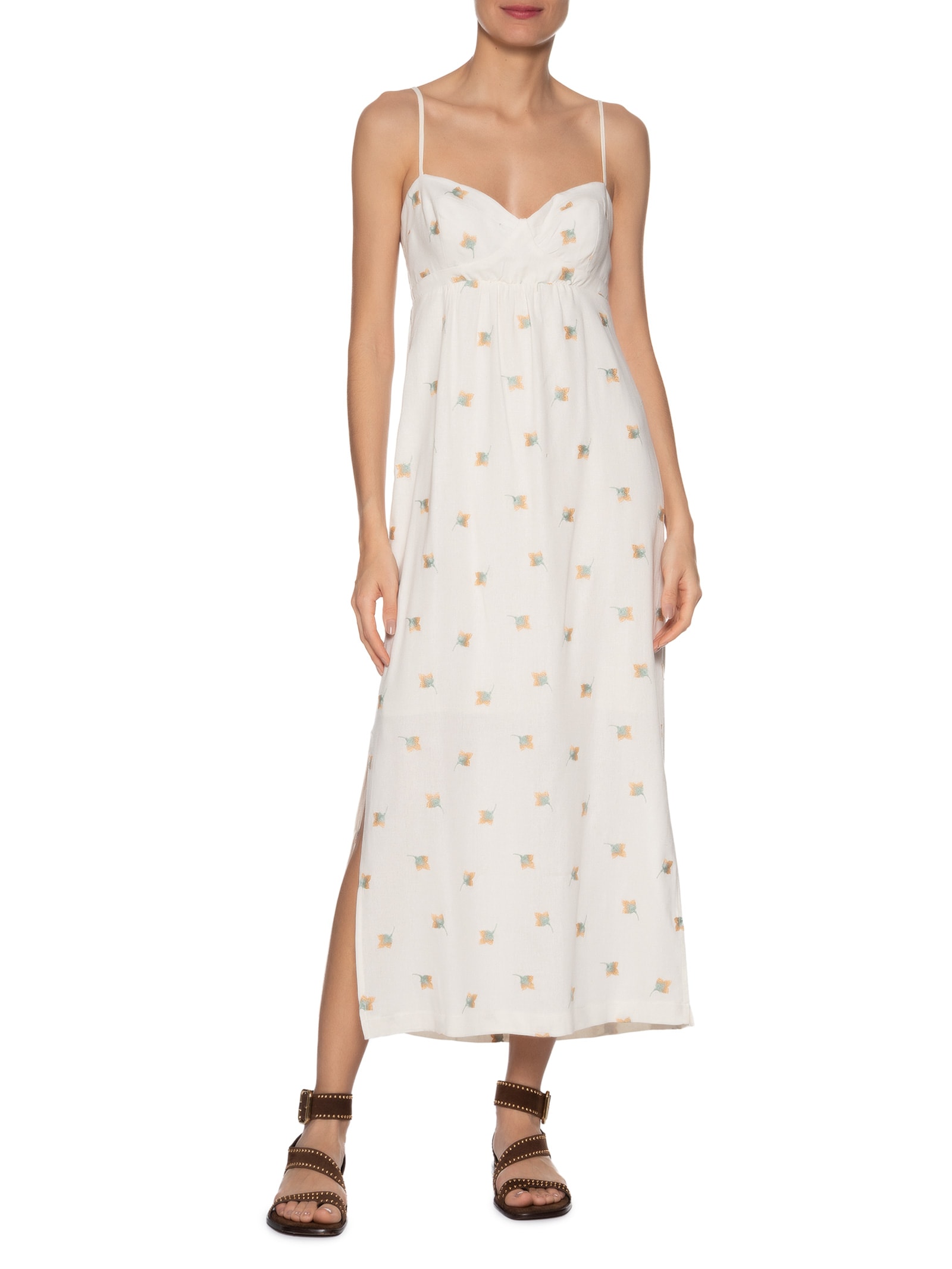 Vestido Midi Alcinha Bordado Floral Branco Maria Filó