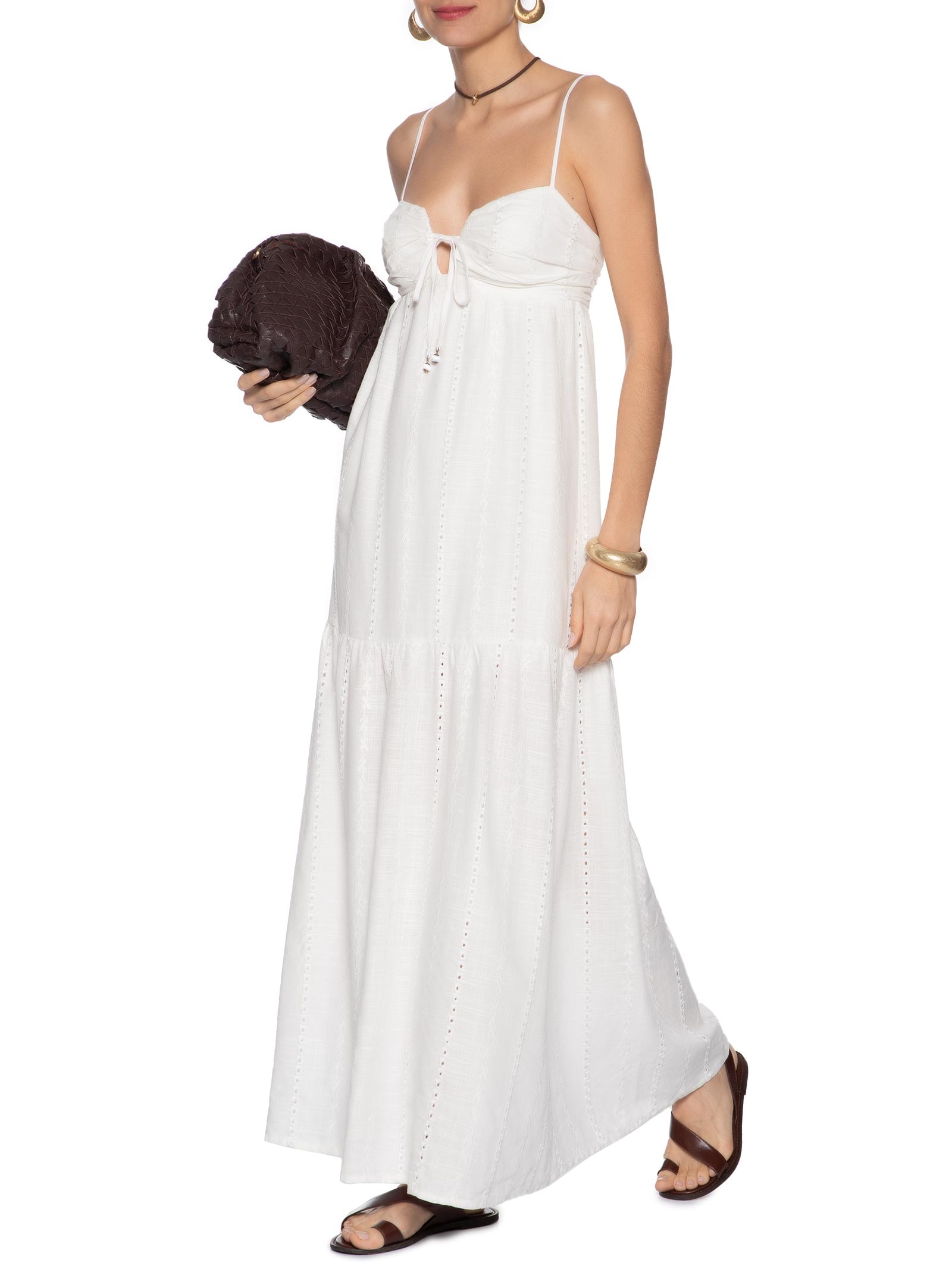 Vestido Midi Alcinha Bordado Listra Ba Branco Maria Filó