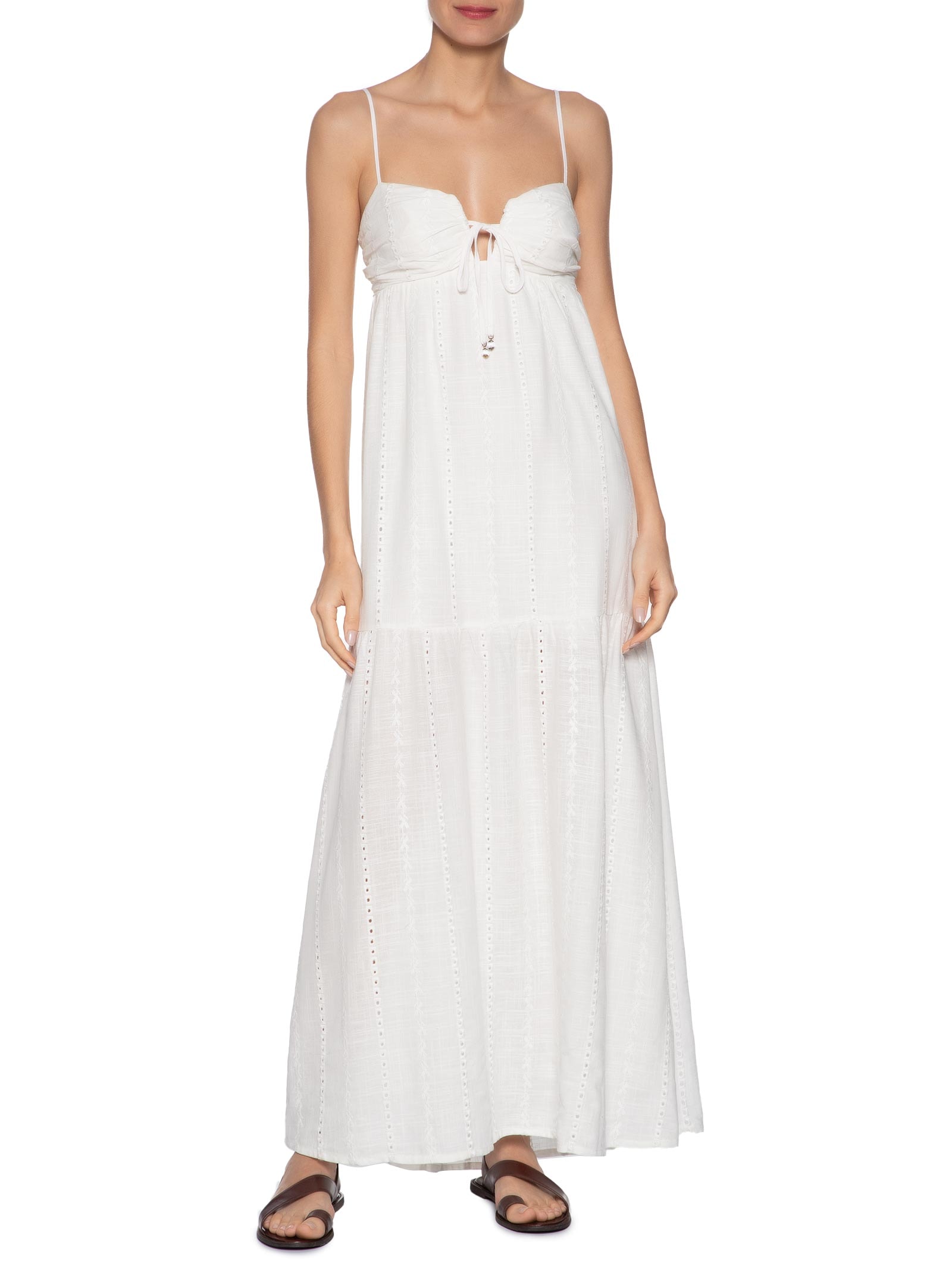 Vestido Midi Alcinha Bordado Listra Ba Branco Maria Filó
