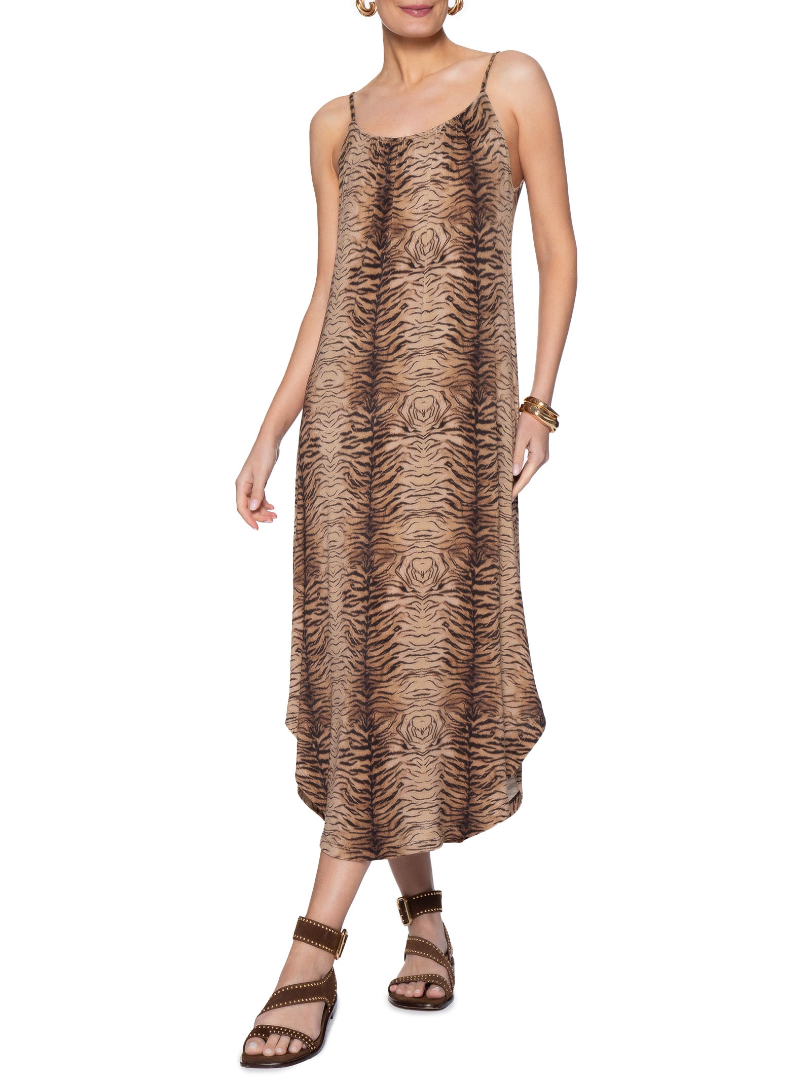 Vestido Midi Alcinha Estampa Felin – Marrom Maria Filó