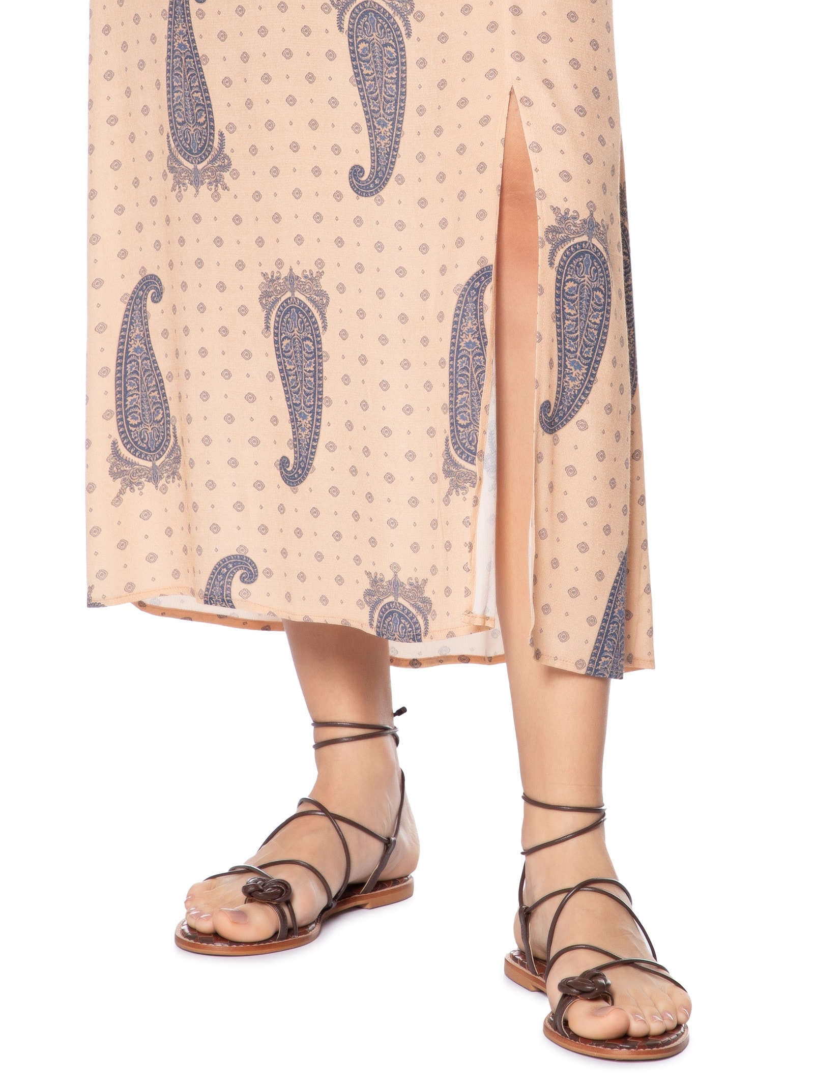 Vestido Midi Alcinha Estampa Glod Blue Bege Maria Filó