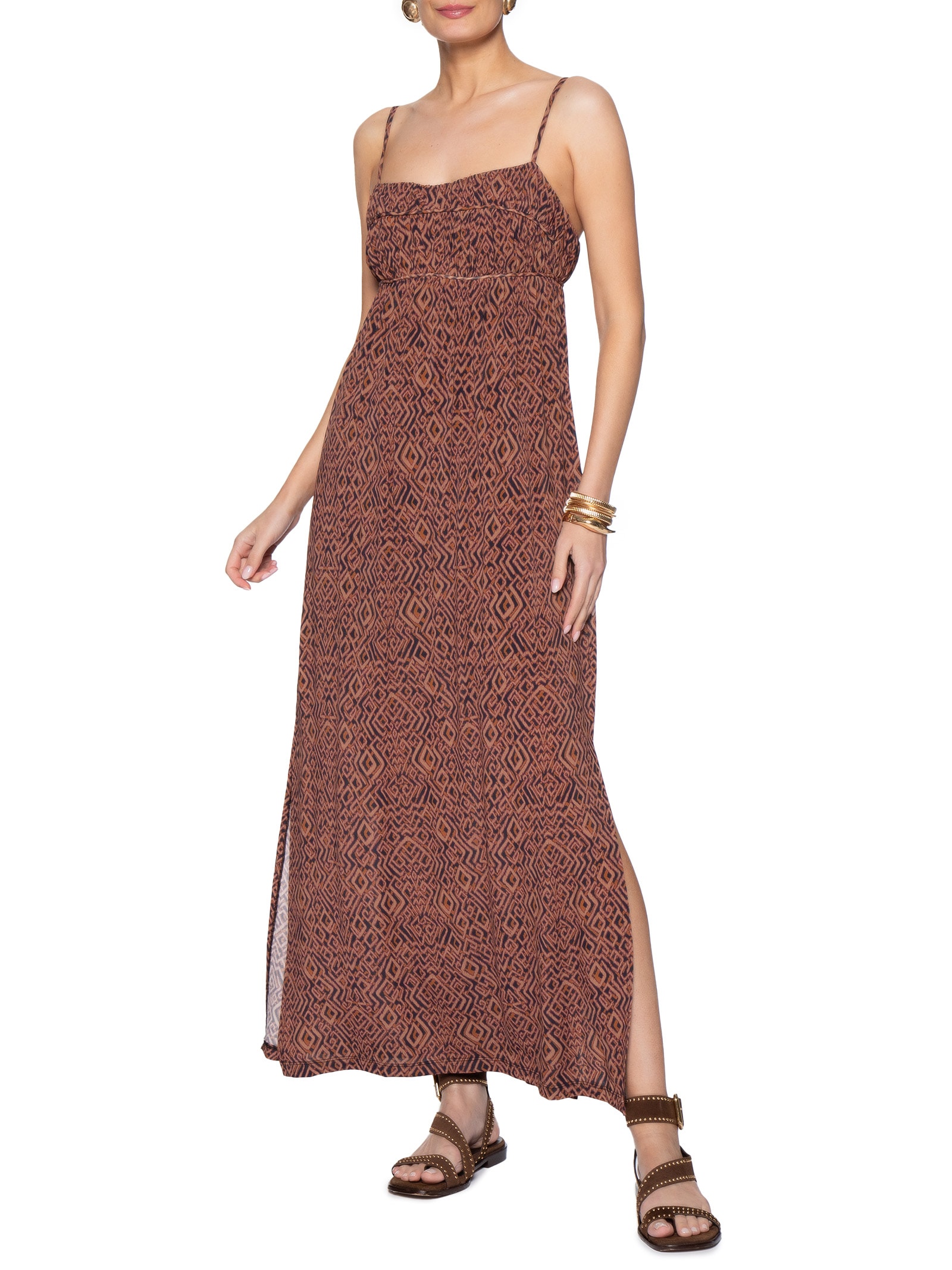 Vestido Midi Alcinha Estampa Zuma B Marrom Maria Filó